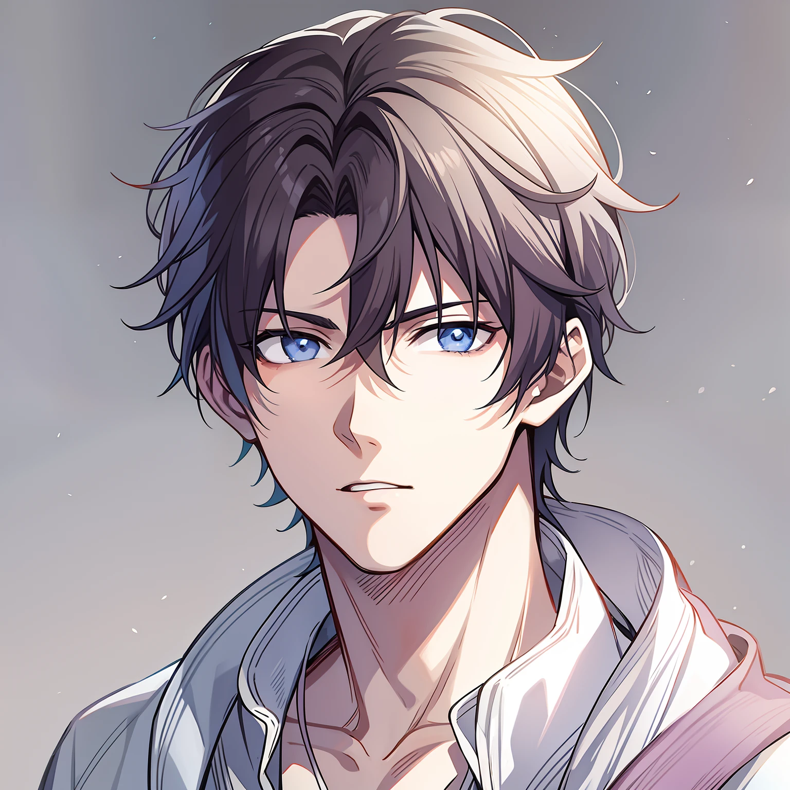 anime handsome guy, Anime portrait of a handsome man, in her 20s, A dark-haired, simple background, The background is all white, Conspiracy look,