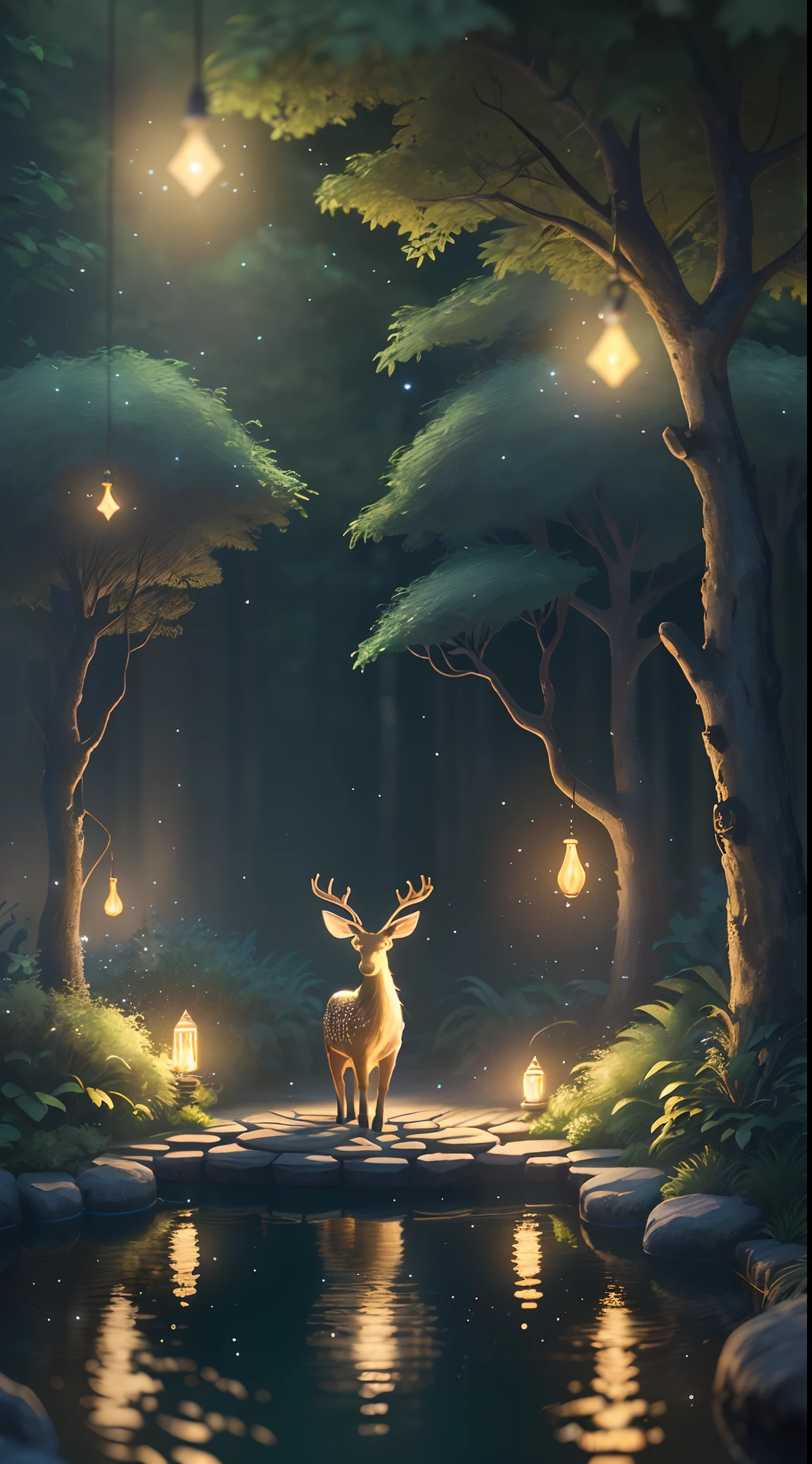 Masterpiece, best quality, (very detailed CG unity 8k wallpaper), (best quality), (best illustration), (best shadows), glow sprite, with a glowing deer, in the swimming pool Drinking water, natural elements in the forest theme. Mysterious forest, beautiful forest, nature, surrounded by flowers, delicate leaves and branches surrounded by fireflies (natural elements), (jungle theme), (leaves), (twigs), (fireflies), (particle effects) etc. 3D , Octane rendering, ray tracing, super detailed