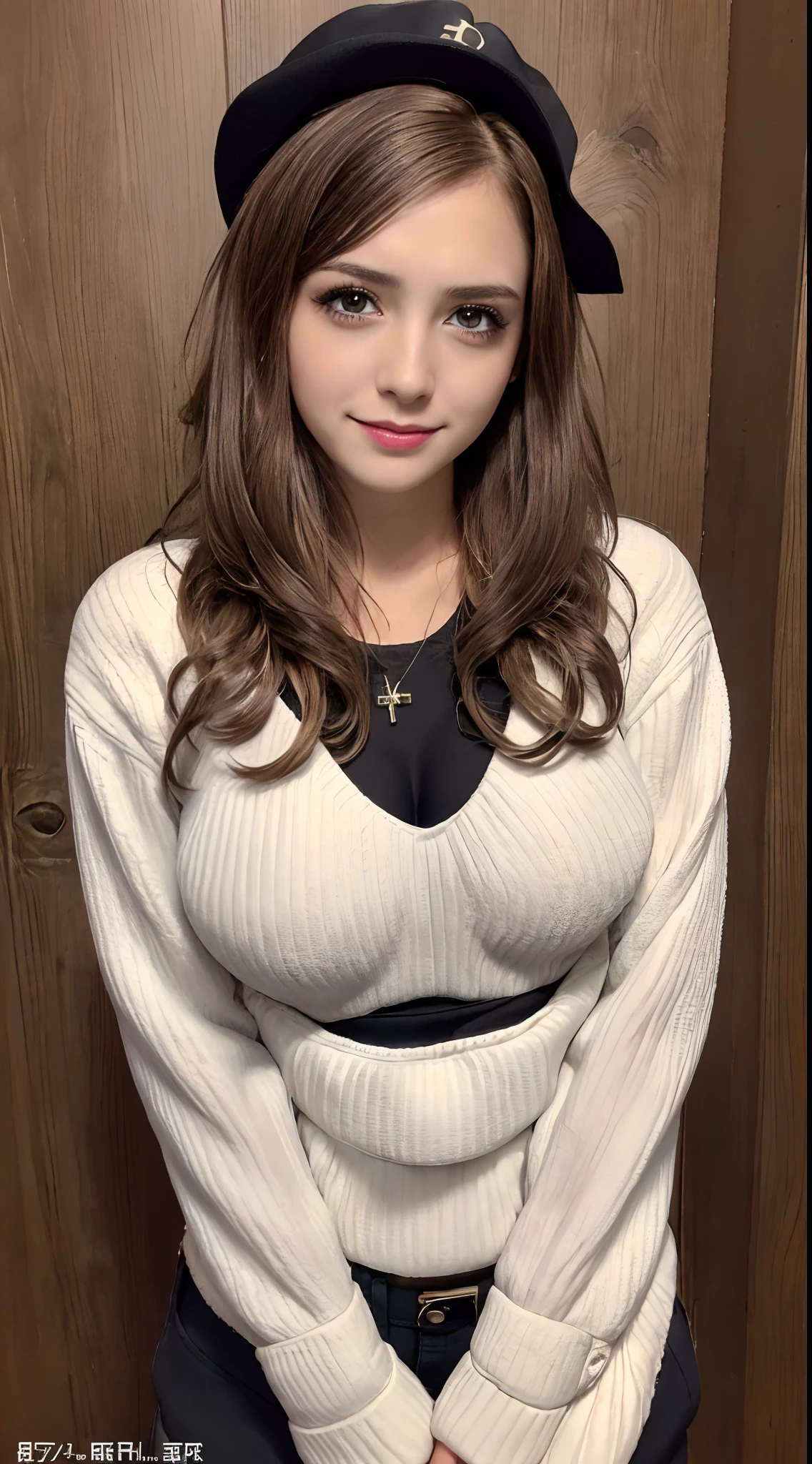 Obra maestra、the highest quality、high resolution、naked woman, Photo of the younger face in the room sweter z dużym dekoltem you can see big breasts bust of beautiful girl dark hair bun hair beautiful breasts firm are big kusi oczami seksowna