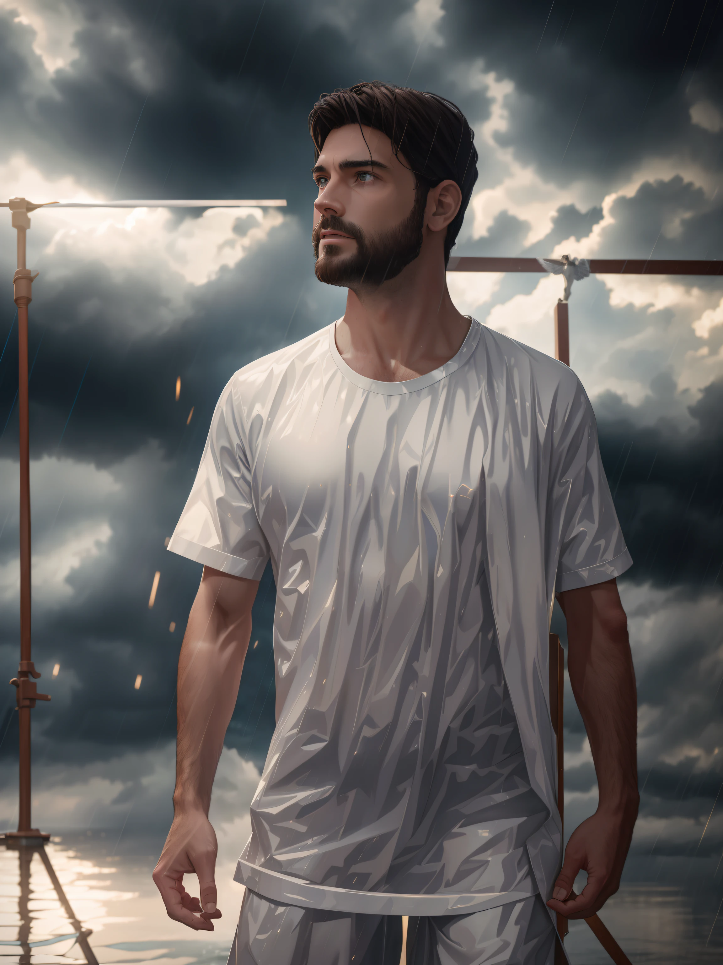 jesus walking on water in a storm, masterpiece, best quality, high quality, extremely detailed CG unit 8k wallpaper, award winning photography, Bokeh, Depth of Field, HDR, bloom, Chromatic aberration, photorealistic, extremely detailed, trending on artstation, trending on CGsociety, intricate, high detail, dramatic, mid-journey art, volumetric lighting