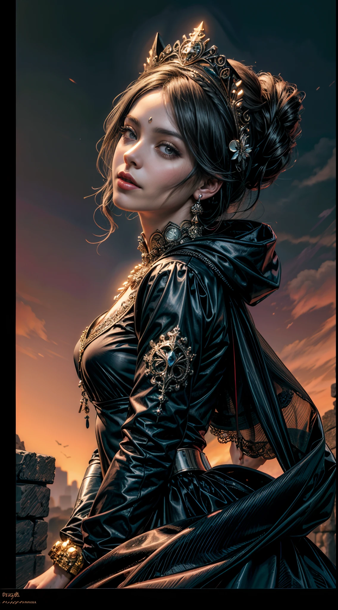 Gray sky, best quality, rich colors, battlefield, city ruins in the distance, dilapidated buildings, 1 woman, (anatomically correct), ((hands behind back))), short hair, (((torn clothes))), ((red glowing eyes))), broken headdress, extremely detailed face, smile, looking up at the camera, (full body), HDR, dramatic, cinematic lighting, (realism: 1.4), absurdity, surrealism, steampunk, intricate design, exquisite details，