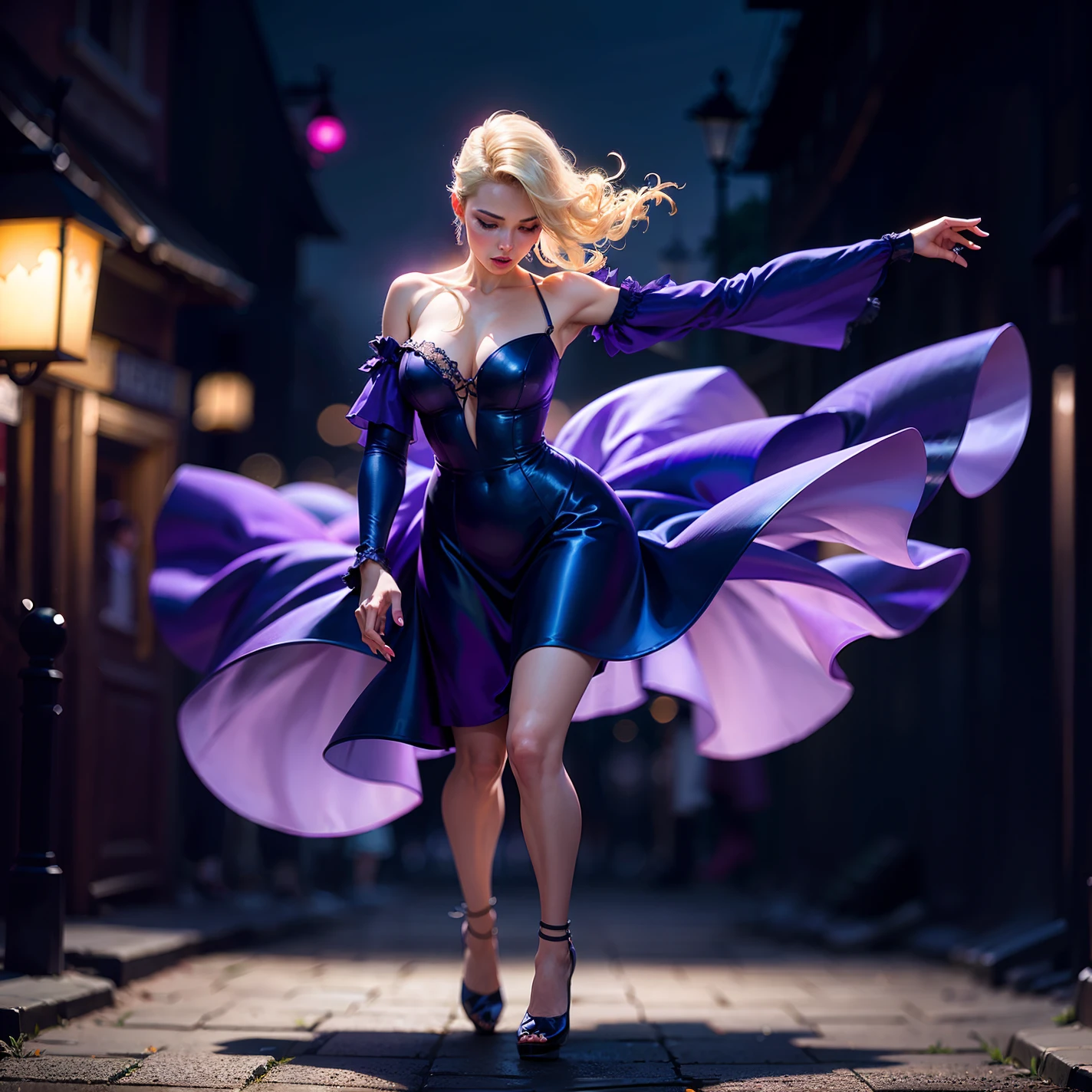 dancing woman in night, violet dress, blond hair