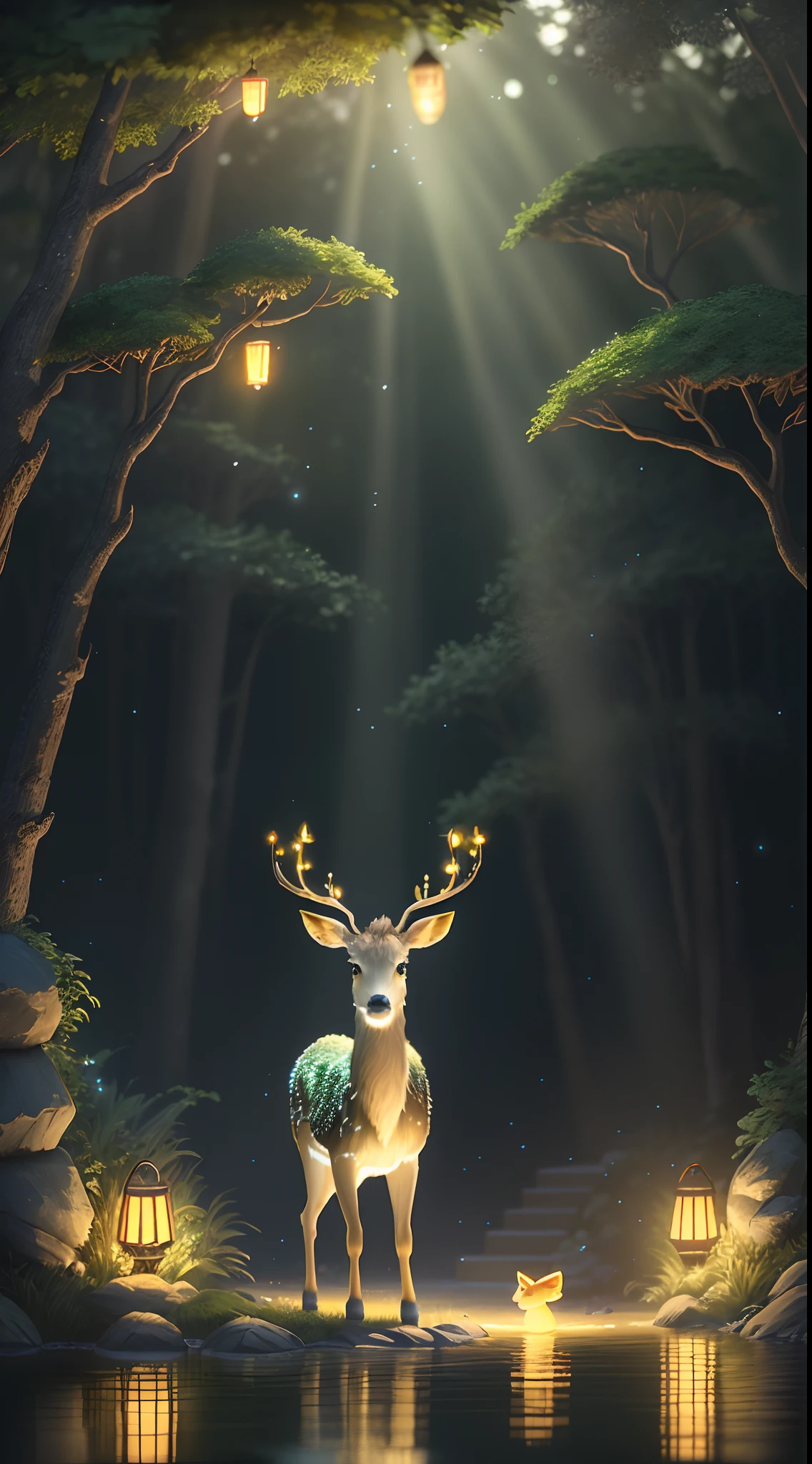 Masterpiece, best quality, (very detailed CG unity 8k wallpaper), (best quality), (best illustration), (best shadows), glow sprite, with a glowing deer, in the swimming pool Drinking water, natural elements in the forest theme. Mysterious forest, beautiful forest, nature, surrounded by flowers, delicate leaves and branches surrounded by fireflies (natural elements), (jungle theme), (leaves), (twigs), (fireflies), (particle effects) etc. 3D , Octane rendering, ray tracing, super detailed