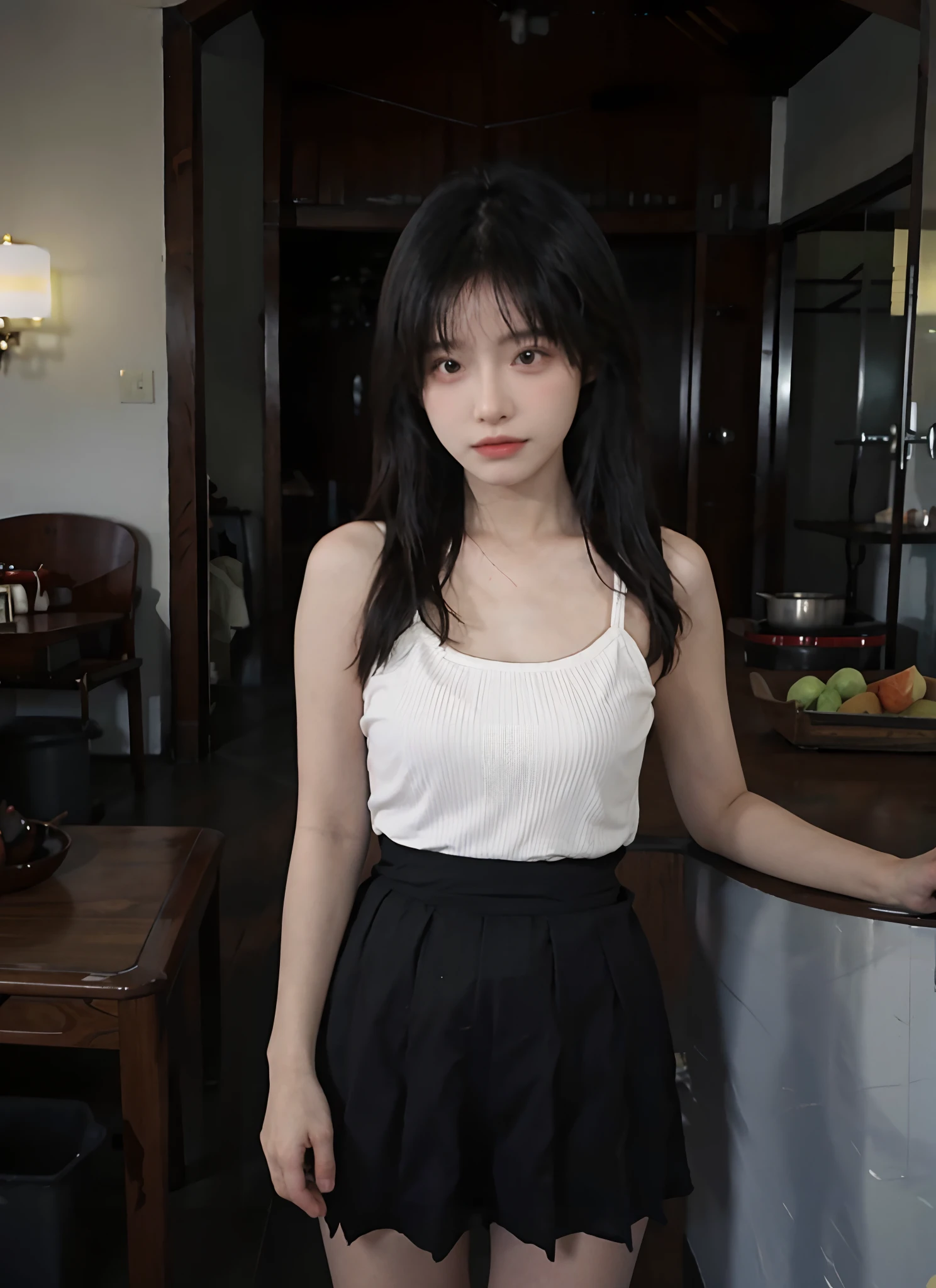best qualtiy,tmasterpiece,超高分辨率,natta,(realisticlying:1.4),1girll,Sexy cleavage,Open navel,(比基尼:1.2),In a palatial palace,(wetbody),black short skirt,Bare thighs,Raised sexy,long whitr hair,young