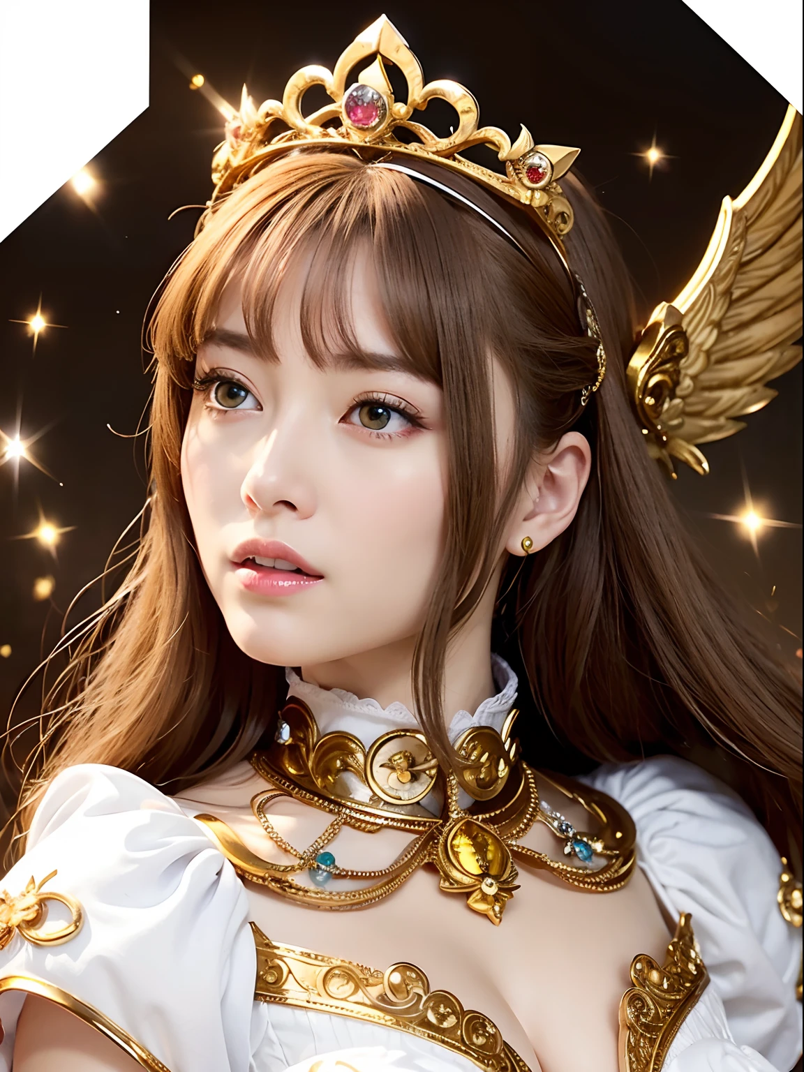 (masutepiece), Professional , masterpiece、top-quality、photos realistic , depth of fields 、(Wind element),tornado,Lightning,(Gemstone Silver Metal Body:1.9),(Matte White、(Gangle's forest background),(Brown hair long straight)、Luminescent particles,light scattering,Tindall Effect、((Jewel Gold Weapon))、(Castle background),Gorgeous metal weapons,(Detailed and realistic angel white wings) , Detailed Sword of the Brave , Beautiful knife 、delicated face、20 years girl ,warhammer 40k , adepta sororitas,Detail and ornate jewel crown、a blond、()、Beautiful Caucasian beauty、1a person、dynamic ungle,(((Detailed and ornate diamond crown)))、Smaller head、A smile、Powerful poses、Beautiful thin fingers of a woman、cleavage of the breast、Particles of light、