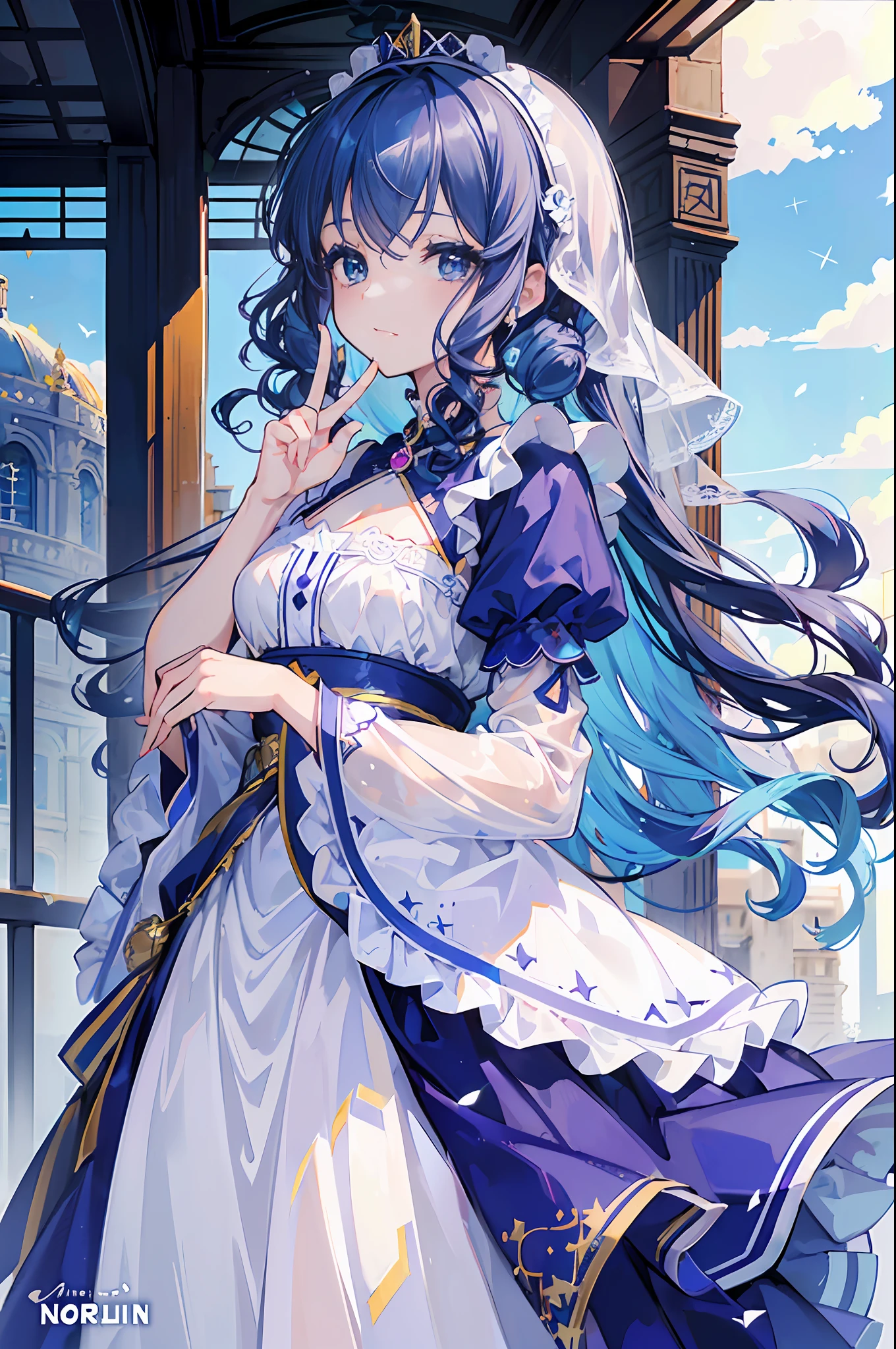 (La mejor calidad) (obra maestra ) Cara perfecta. kawaii & Siniestra princesa belleza joven en la ciudad de Los Angeles. (((Blue curly hair))) ((((nordin woman))))