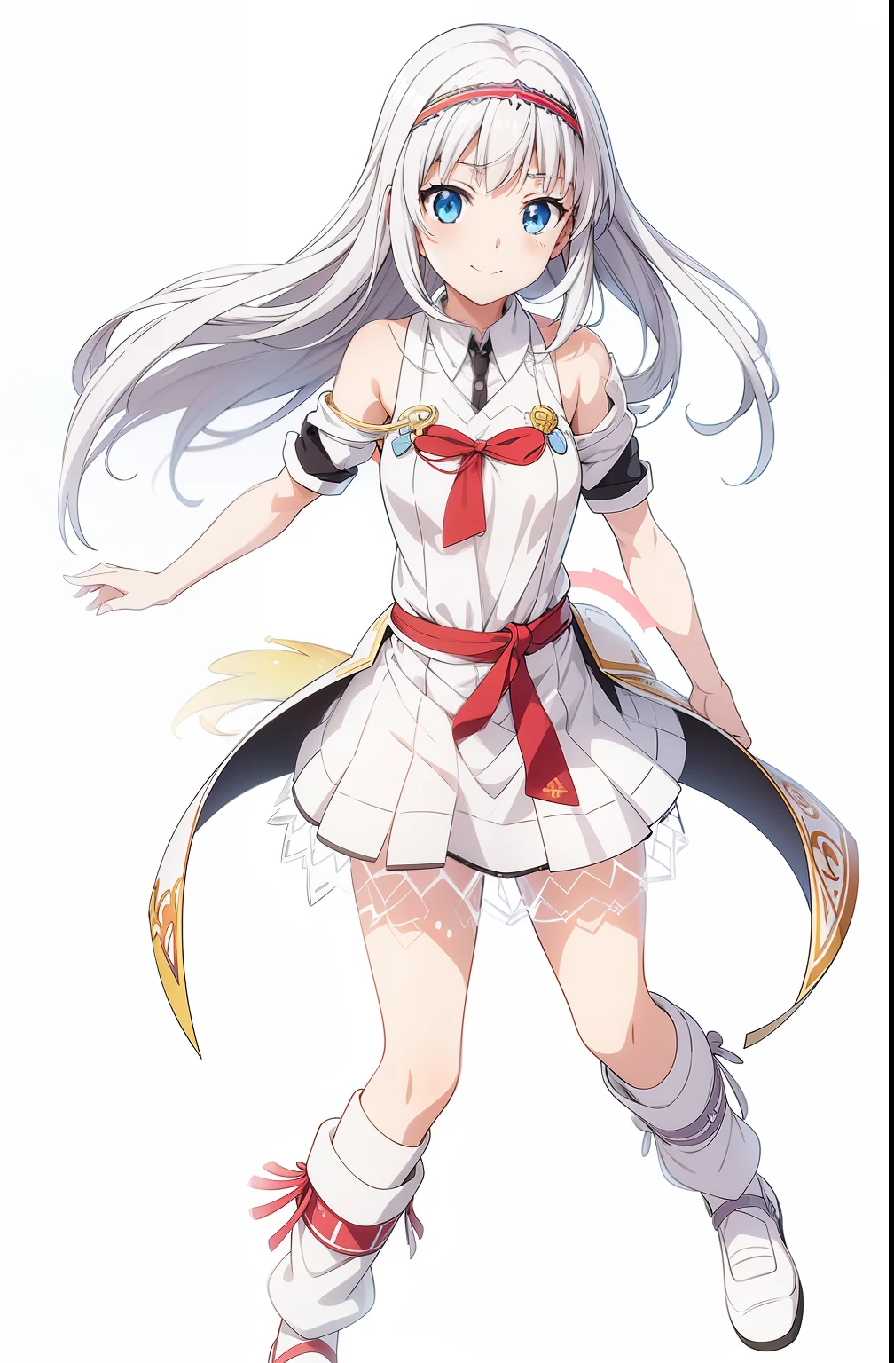 White background, Attractive Blue Eyes, animesque, disheveled hair that is down to the shoulders, white hair, looking happy smile, full bodyesbian, No tie, Women's miniskirts, years, Anime-style beautiful girl, hyper detailed painting, luminism, 4K resolution, 3d rendered, octan render, complexly detailed, Cinematic, Trending in art stations,Isometric Centered Hyper Realistic Cover Photo Awesome Full Color, handdraw, big-boned, Realistic Musa, Intricate, hit definition, Cinematic, rough sketch, thickline, On paper,Red tie