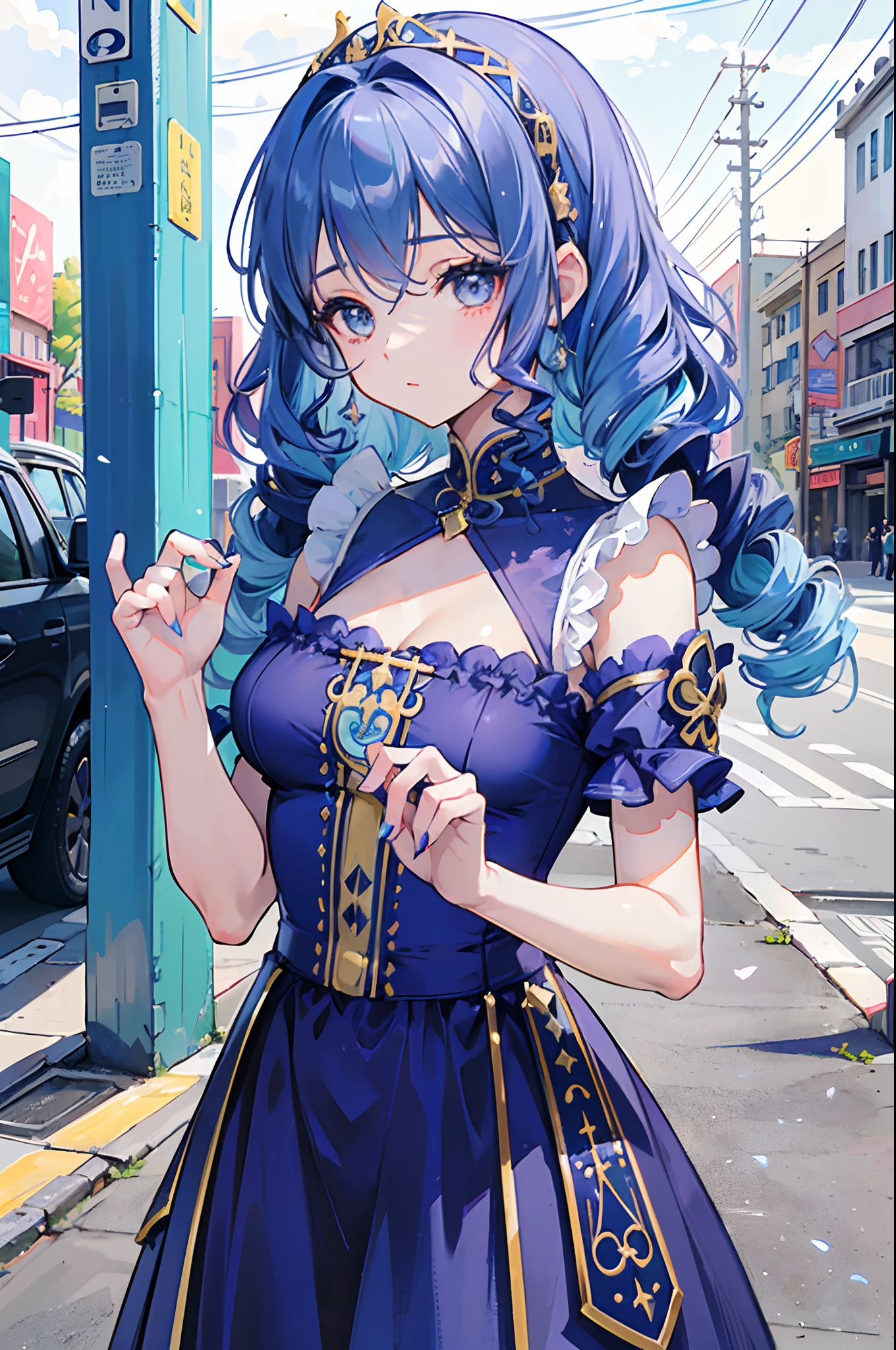 (La mejor calidad) (obra maestra ) Cara perfecta. kawaii & Siniestra princesa belleza joven en la ciudad de Los Angeles. (((Blue curly hair))) ((((nordin woman))))