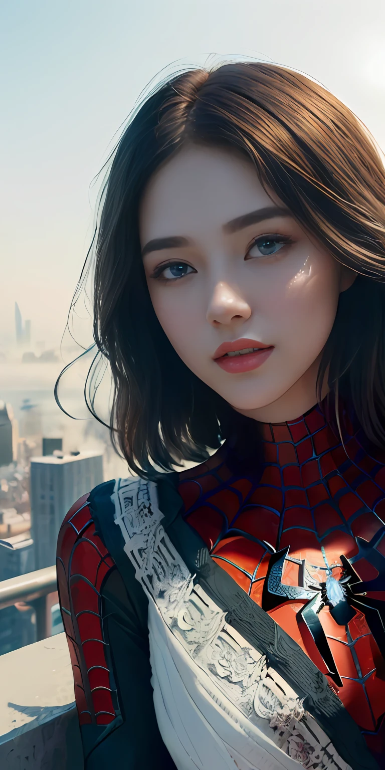 (1girl:1.3), Solo, (((Very detailed face)))), ((Very detailed eyes and face)))), Beautiful detail eyes, Body parts__, Official art, Unified 8k wallpaper, Super detailed, beautiful and beautiful, beautiful, masterpiece, best quality, original, masterpiece, super fine photo, best quality, super high resolution, realistic realism, sunlight, full body portrait, amazing beauty, dynamic pose, delicate face, vibrant eyes, (from the front), She wears Spider-Man suit, red and black color scheme, spider, very detailed city roof background, rooftop, overlooking the city, detailed face, detailed complex busy background, messy, gorgeous, milky white, highly detailed skin, realistic skin details, visible pores, clear focus, volumetric fog, 8k uhd, DSLR, high quality, film grain, fair skin, photo realism, lomography, futuristic dystopian megalopolis, translucent ,