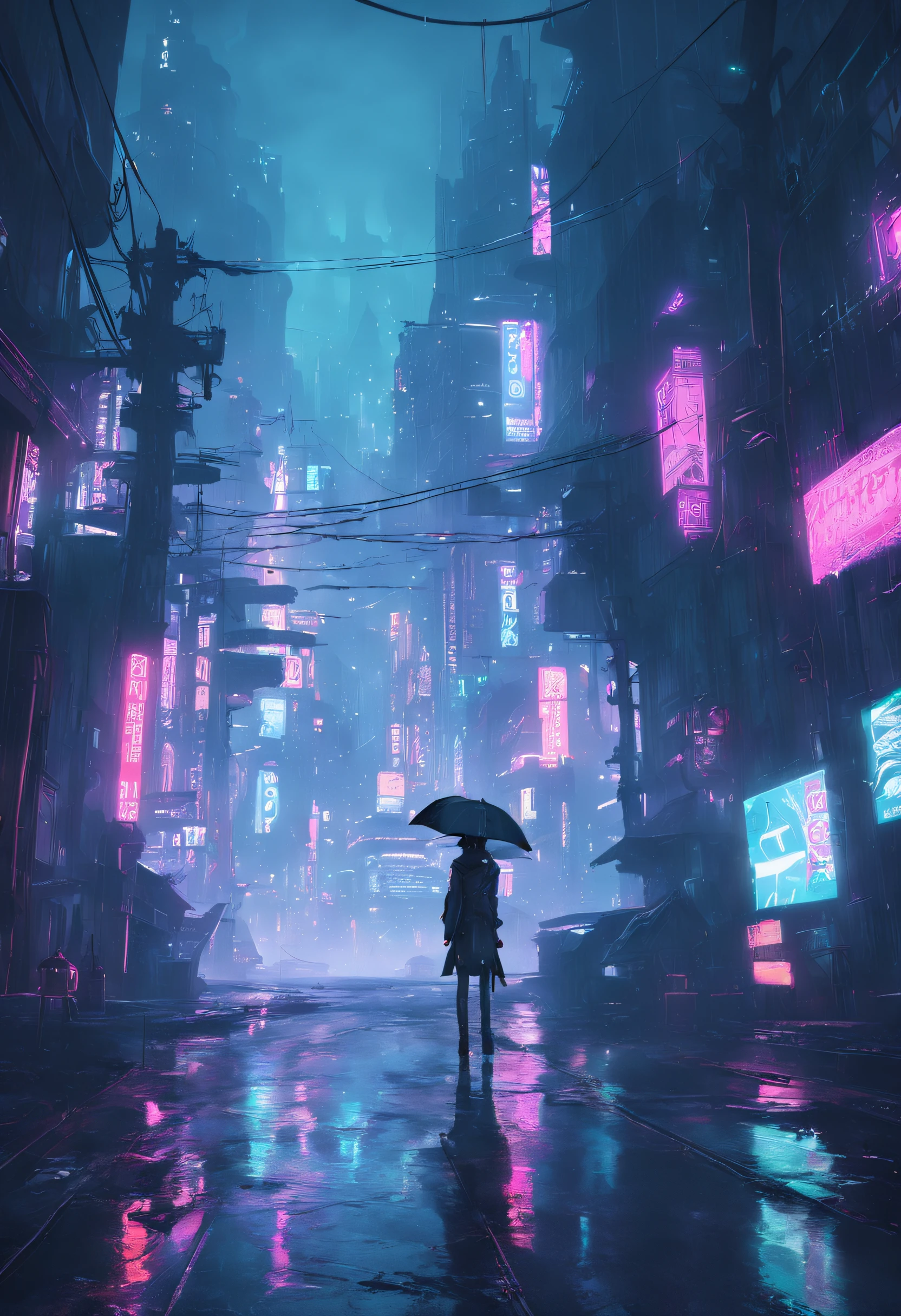 "Neon-lit cyberpunk streets, futuristic cityscape, dystopian artwork in the dark, 4k wallpaper. Rainy and foggy atmosphere, evoking a moody and desolate future."