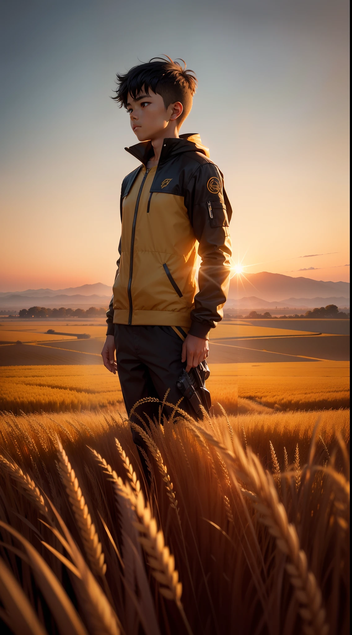 Amidst the golden wheat fields, a solitary figure captures the fleeting beauty of the golden hour. With camera in hand, a boy battles his inner darkness, seeking solace in the embrace of nature's tranquil canvas, realistic, 4k, cyberpunk