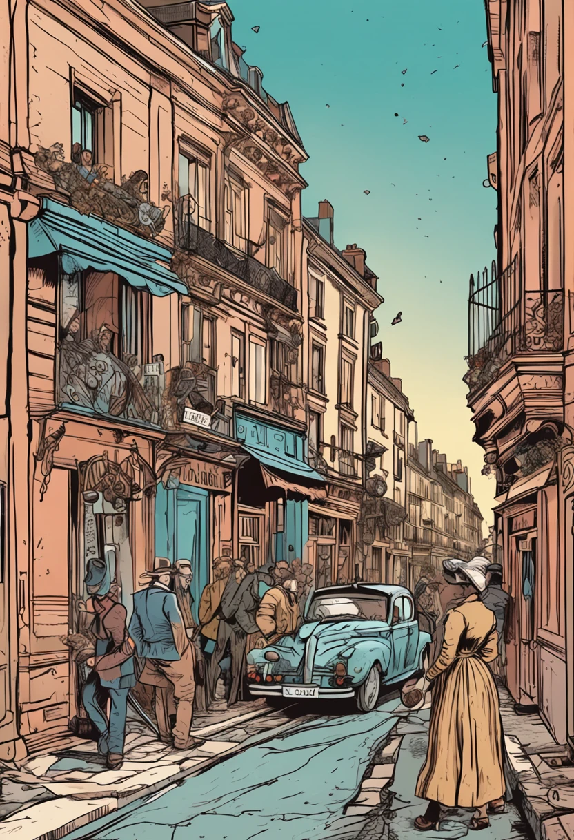 Detailed comic style of Victorian France, Street with foot traffic