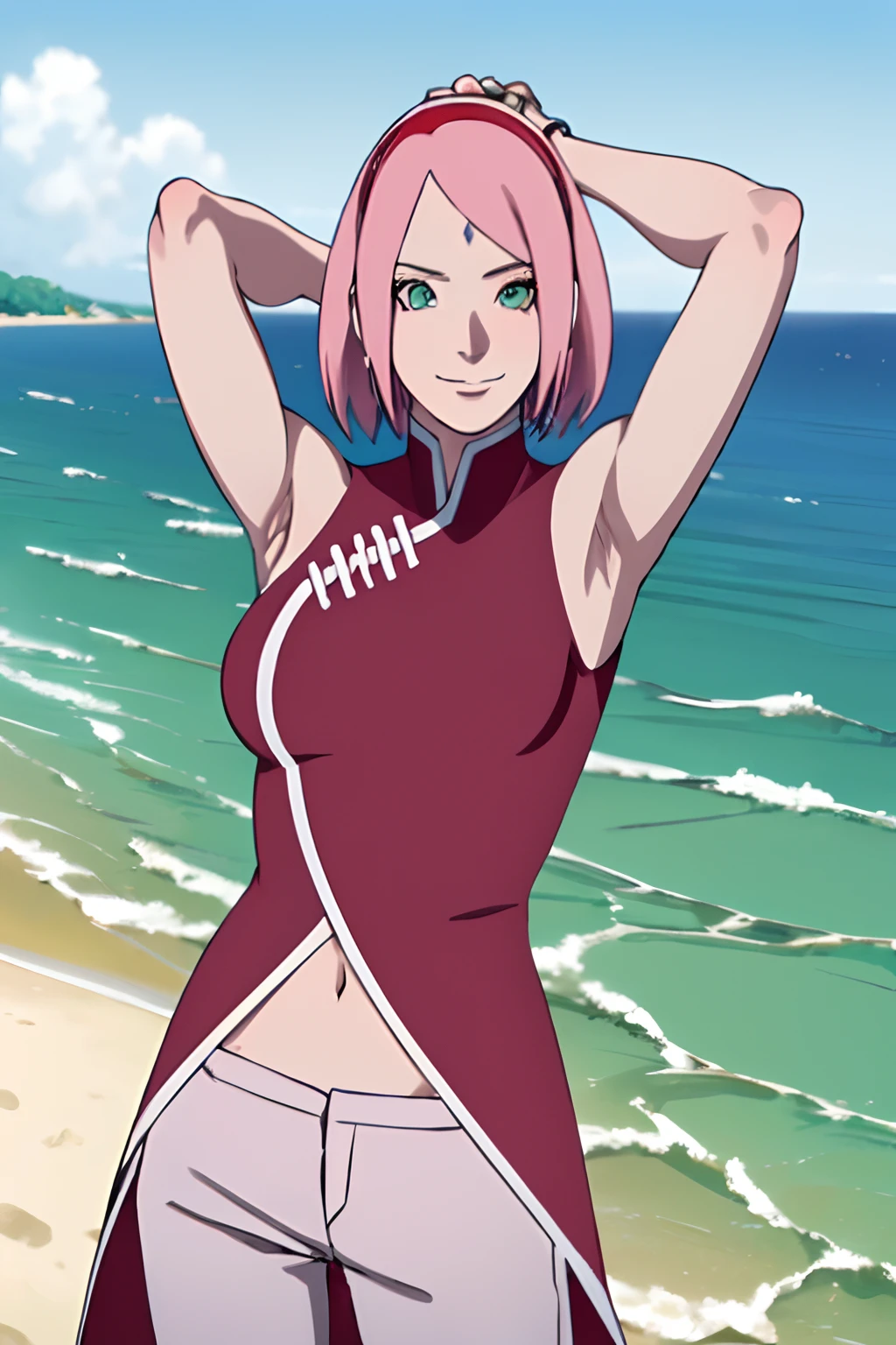 masterpiece, 1k, portrait, face shot, professional artwork, detailed beach background, intricate details, colorful, digital blending, (ultra detailed body, ultra detail hair, ultra detail face), trending on pixiv, kind smile, very hot color, best quality, anime style: 1.9, 1girl, hires, haruno sakura, (forehead mark, milf, red hairband, pale skin, short hair, ((red sleeveless dress), white pants), navel, groin, bracelet, pink hair, (ultra detailed green eyes), smile, beach, wind, floating hair, detailed arms, off-shoulders, slightly muscular arms, (dirty armpits), standing)