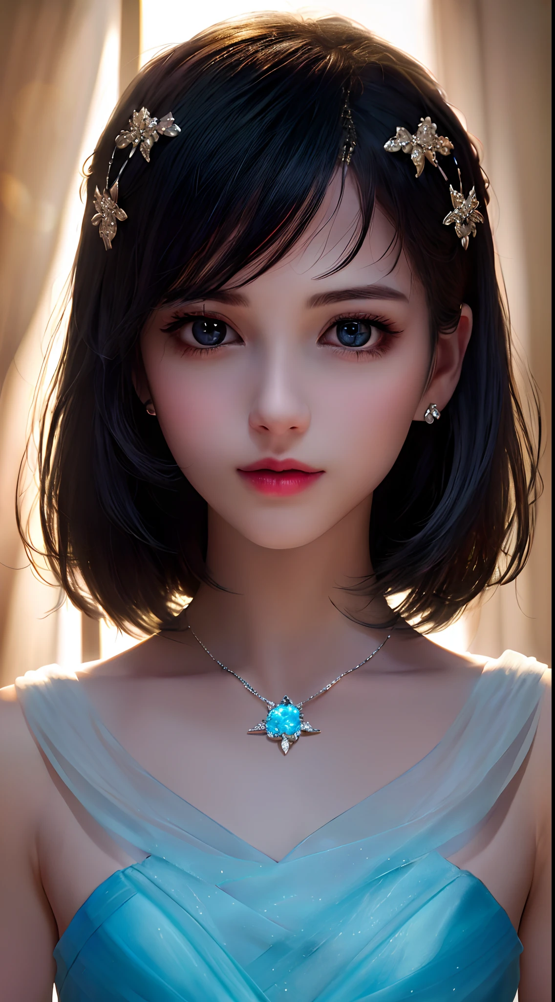 (masterpiece), realistic, (portrait of a girl), beautiful face, sunlight, cinematic light, bangs, a beautiful woman, beautiful eyes, black hair, perfect anatomy, very cute, princess eyes , (black eyes) , (frame the head), Centered image, stylized, bioluminescence, 8 life size,8k Resolution, white low-cut dress with small blue details, human hands, wonder full, elegant, approaching perfection, dynamic, highly detailed, character sheet, concept art, smooth, facing directly at the viewer positioned so that their body is symmetrical and balanced, stunningly beautiful teenage girl, detailed hairstyle,((best quality, masterpiece, high resolution)), (8K UHD, high quality, volumetric light, duotone lighting, edge lighting), (1girl), (dark studio, high detail skin: 1.2, high resolution :(4K, 8K), DSLR, soft light), ((shoulder-length short hair, half face, backlight, transparent), (porcelain dress, hair accessories, necklace, jewelry, beautiful face, body, Tyndall effect )),(Bokeh),,Photo)