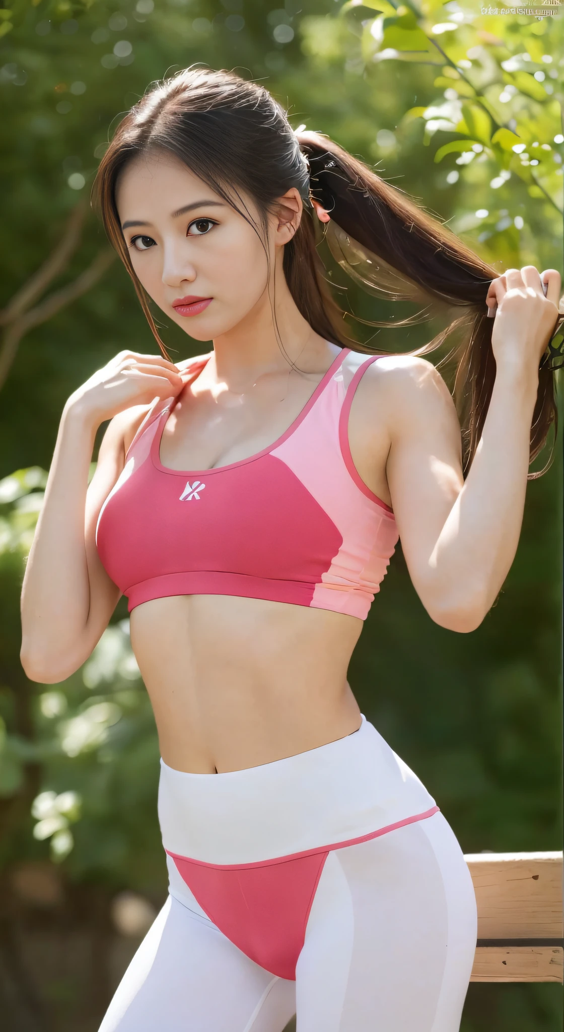 ((top-quality、8K、masterpiece:1.3))、Tall and beautiful woman、Perfect figure:1.4、Slender Abs、Dark brown hairstyle、shorth hair、Salmon Pink Yoga Pants、No postural movement、Stand up straight、huge bust、Highly detailed facial and skin texture、A detailed eye、二重まぶた、Face with a cold、A royal sister full of fans、full body Esbian、Peach butt、Small Sports Bra、squatt、(Raw foto:1.2)、((Photorealsitic:1.4))top-quality、masterpiece、illustratio、extremely delicate and beautiful、extremely details CG、Unity、8K Picture Wallpaper、finely detail、best qualtiy、Highly detailed CG Unity 8k wallpaper、absurderes、incredibly absurdness、huge filesize、ultra-detailliert、hight resolution、ighly detailed、a beautiful detailed girl、extremely detailed eye and face、beatiful detailed eyes、Facial light、电影灯光、1girl in、see -through,Look at viewers,plein air,Sunny and cheerful、High Ponytail、Sporty girl、ulzzang-6500、full body Esbian、yoga clothes、Sportsgirl、gym、traning、working out、Machines、Do a bench press、big breasts thin waist、full body Esbian、Ass Pre-Prix、stick out buttocks、bench press