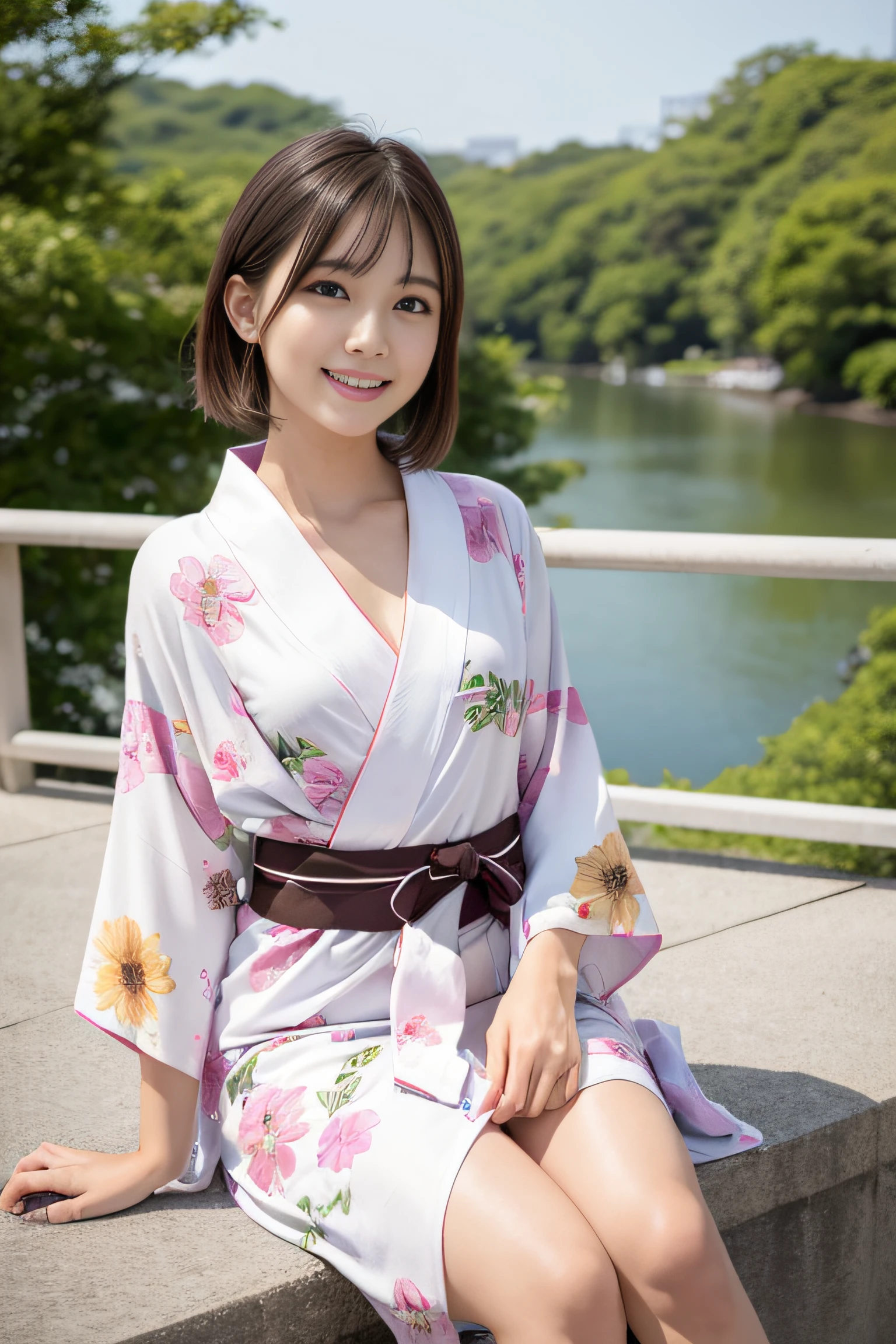 (Highest image quality, Highest image quality, Super A High Definition), (Raw photo, Realism 1.4), (flat chest), Fine skin, Fine face, Cute, AKB Girl, Girl in her 20s, Small breasts, Perfect Skin, thighs thighs thighs thighs, Medium Hair, Perfect, Brown hair, Brown eyes, Full body, Sitting on the steps of the pedestrian bridge, Legs in your own embrace, knees up,I can see the panties.、 ((Yukata)), Bright sunshine, Smile