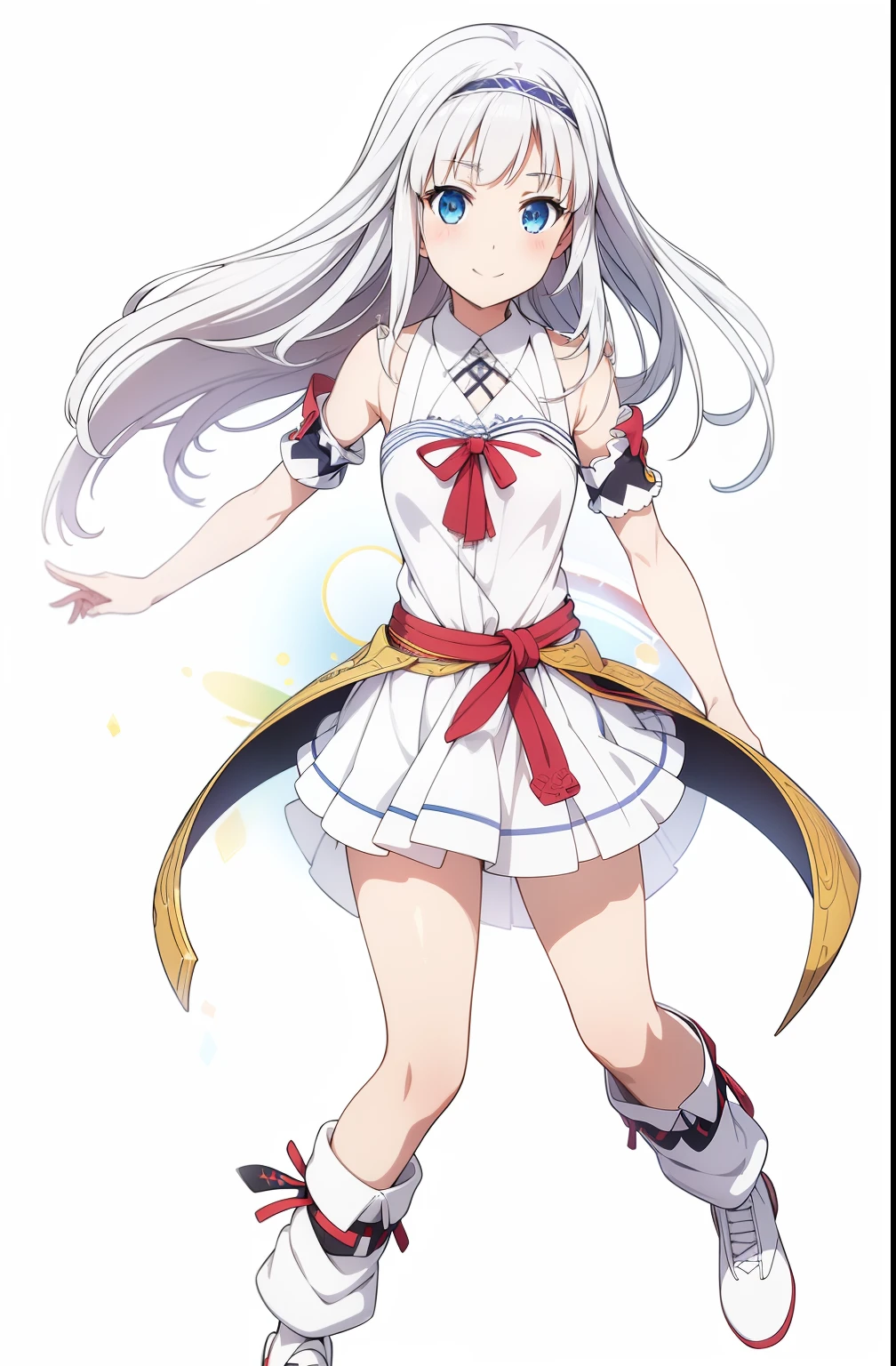 White background, Attractive Blue Eyes, animesque, disheveled hair that is down to the shoulders, white  hair, looking happy smile, full bodyesbian, No tie, Women's miniskirts, 14years, Anime-style beautiful girl, hyper detailed painting, luminism, 4K resolution, 3d rendered, octan render, complexly detailed, Cinematic, Trending in art stations,Isometric Centered Hyper Realistic Cover Photo Awesome Full Color, handdraw, big-boned, Realistic Musa, Intricate, hit definition, Cinematic, rough sketch, thickline, On paper,Red tie