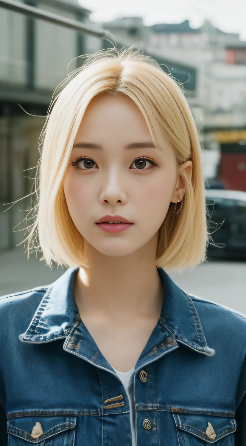（（Best Picture Quality、8K分辨率、tmasterpiece：1.3）），1girll，serious，close-up all over the body，Slim face，Charming woman，Yellow hair，denim short:1.1，Face details are sharp，Bright eyes，二重まぶた，blur backgroun，View outside the city streets。