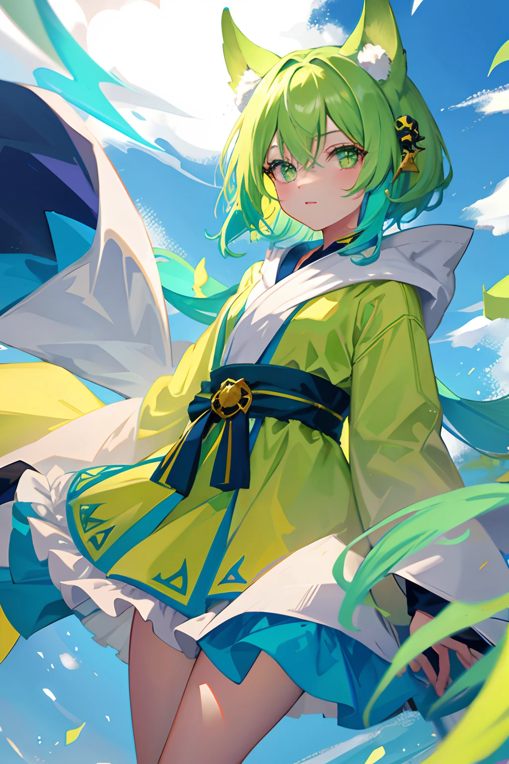one-girl，Lime yellow，Gradient, Turquoise eyes, Loli style, beast ear，The robes of the priests