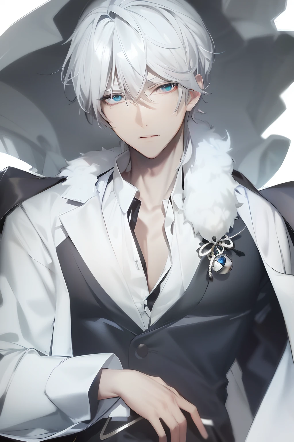 Anime man with white hair, black suit, and white collar worker, Tall anime guy with blue eyes, male anime character, white haired Cangcang, White-haired, nagito komaeda, Male anime style, ((wearing aristocrat robe)), Anime handsome man, white-haired god, a silver haired mad, hajime yatate, White-haired fox, silver eyes full body,Shy and light makeup