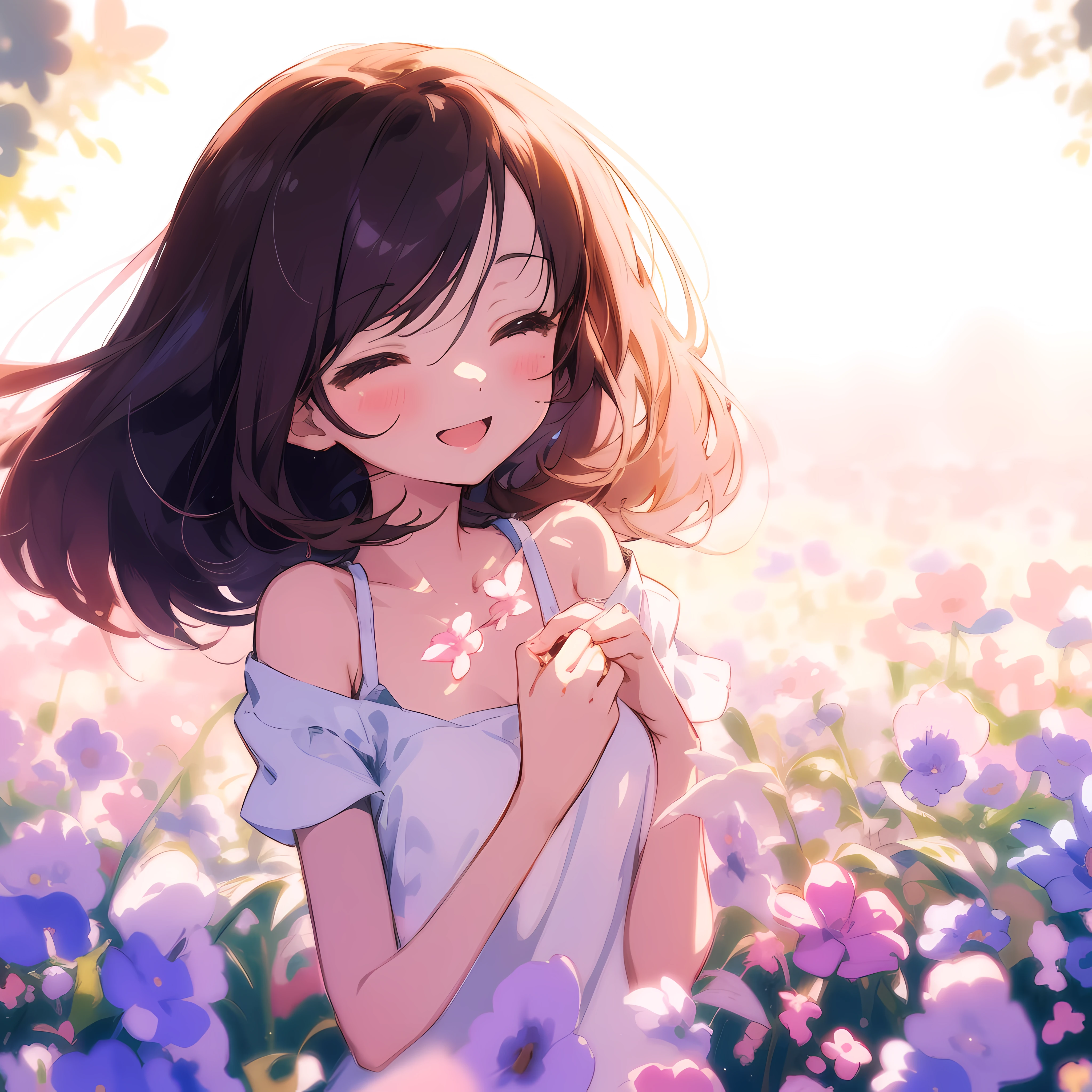 Anime girl in flower garden with flowers in her hands, girl in flower field, girl in flower, happy girl, A slight smil, closing eye, Beautiful anime, lofi-girl, beautiful anime artwork, girl frontal in a flower field, Beautiful anime girl, soft anime illustration, Cute anime girl, anime art wallpaper 4k, anime art wallpaper 4k, girl dancing in a flower field