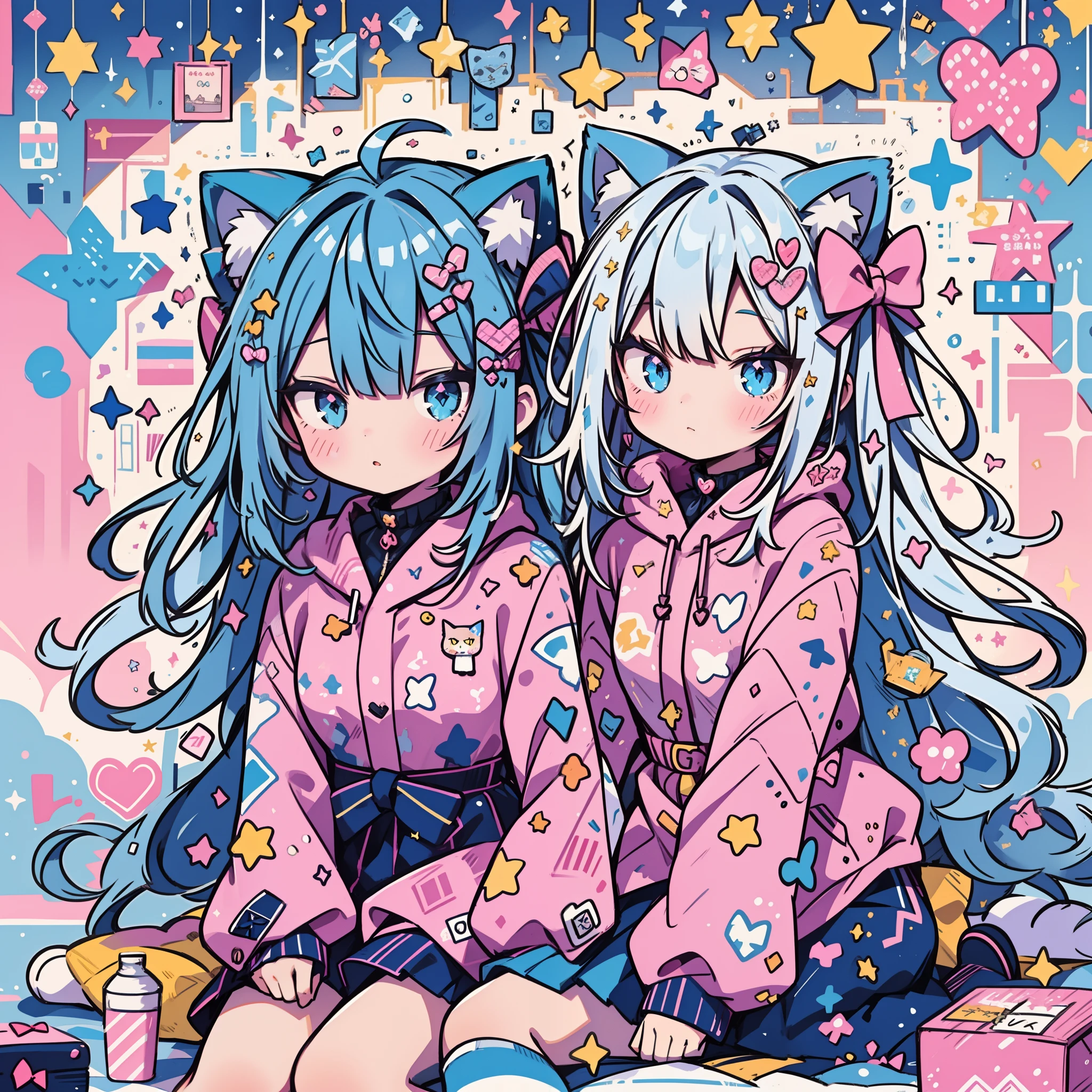 1girl, cute girl, cat girl, blue hair, cute custom, fluffy clothes, pink, cat ears, sitting, tail, cozy, dreamy, stars, bubbles, glitter, sparkles