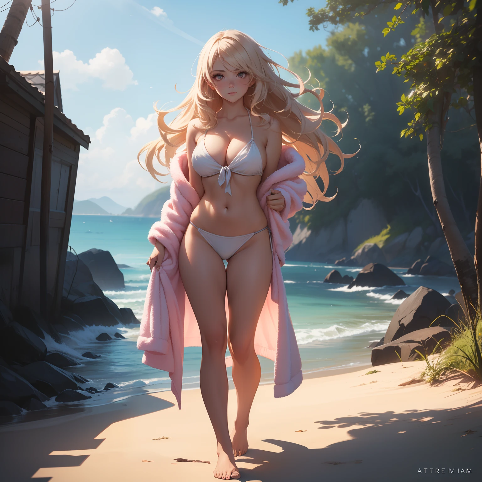 (masterpiece, best quality, 4k, photorealistic), ((wide shot, full body)), ((front view)), expressive eyes, perfect face, nice hands, 1 girl, large cleavage, long round legs, curvaceous body, booty, the model stands by the shore, ((holding the corner of the soft pastel pink towel against her hip)), her hair, a beautiful blonde shade, is styled with loose beach waves, giving a carefree and beachy look, extremely detailed Artgem, IG model, alena aenami and artgem, krenz cushart and artgem, artgem and atey ghailan