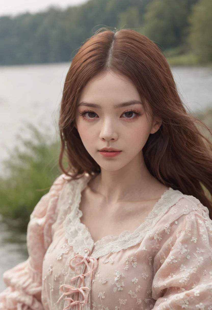 1girl walking on the river, mix4, sweater, pillow, lips, open_mouth, realistic, photo_\(medium\), solo, stuffed_animal, stuffed_toy, teddy_bear, (masterpiece), (realism: 1.3), super detailed, (High detail skin: 1.2), (Best quality: 1.0), (Ultra resolution: 1.0), (ULZZANG-6500: 0.3), wavy detail hair, long hair, sunshine, (beautiful detail makeup), (sexually aroused blush, heavy breath: 1.0), floral theme petals scattered, (soft light bloom: 0.5)