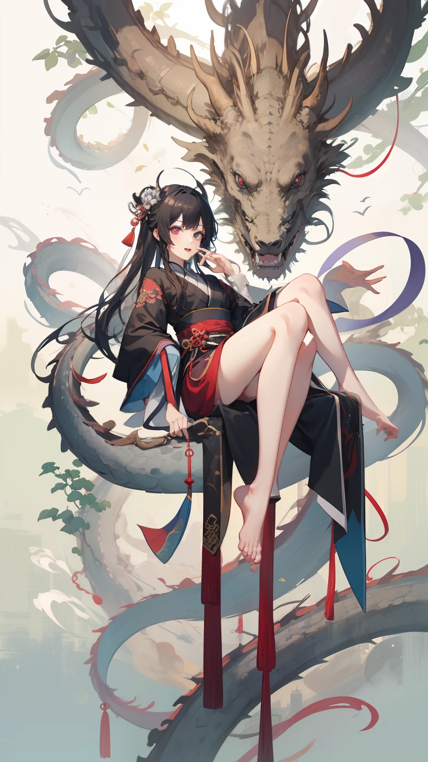 ((4K,Masterpiece,Best quality)), shuimobysim, Traditional Chinese painting, Purple-black Hanfu, maxikit, Long-legged fair 1girl, Solo, Blue long hair, Bright, Elegant gesture, The barefoot,Kungfu，独奏，Mounted with a Chinese dragon，The girl is 15 years old，Young teeth