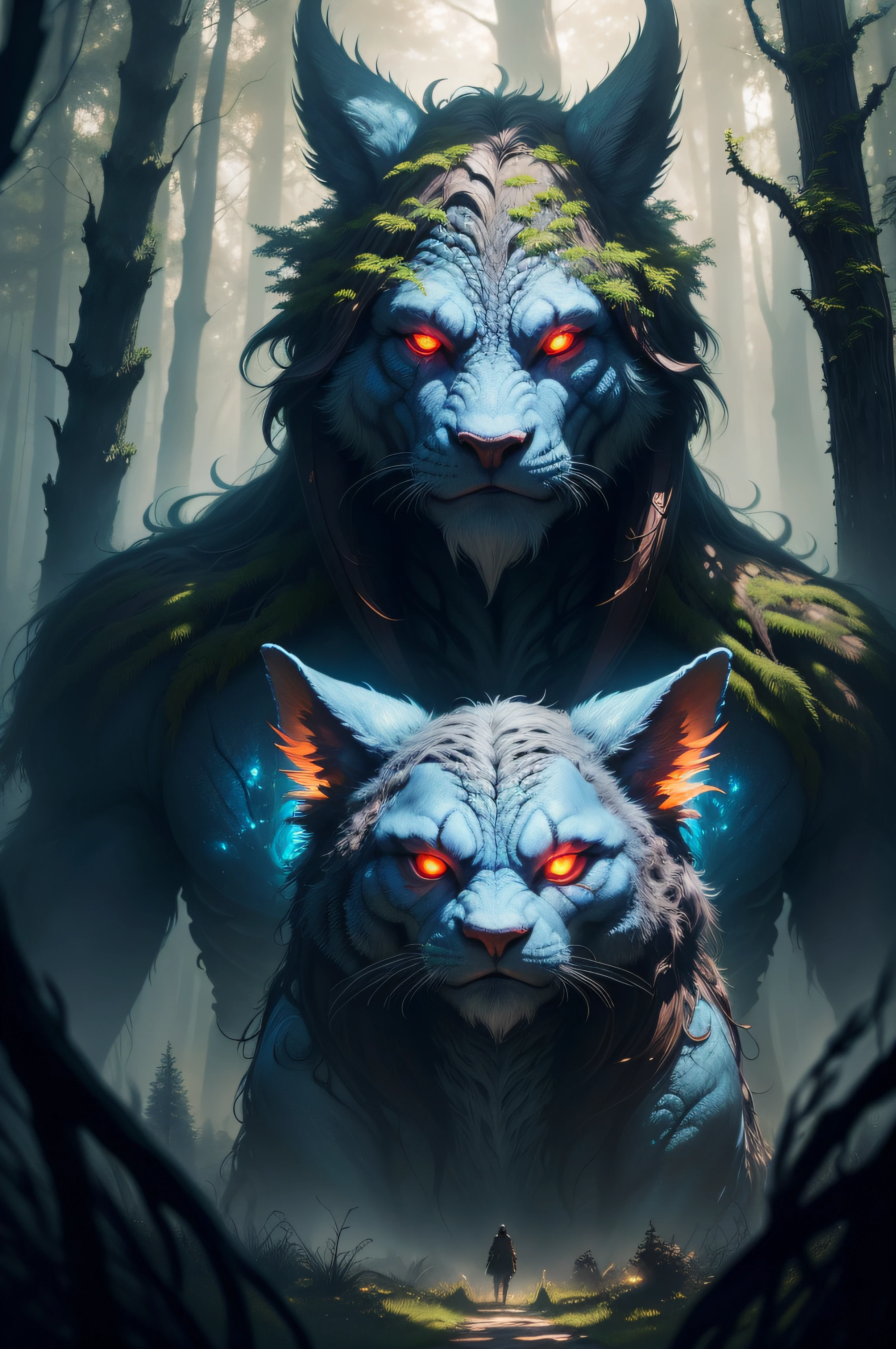 a close up of a giant monster with glowing eyes in a forest, concept art inspired by tomasz alen kopera, Artstation contest winner, fantasy art, 4k highly detailed digital art, god of the forest, epic fantasy digital art style, forest spirit, 4k fantasy art, fantasy art behance, furry fantasy art, 4k detailed digital art