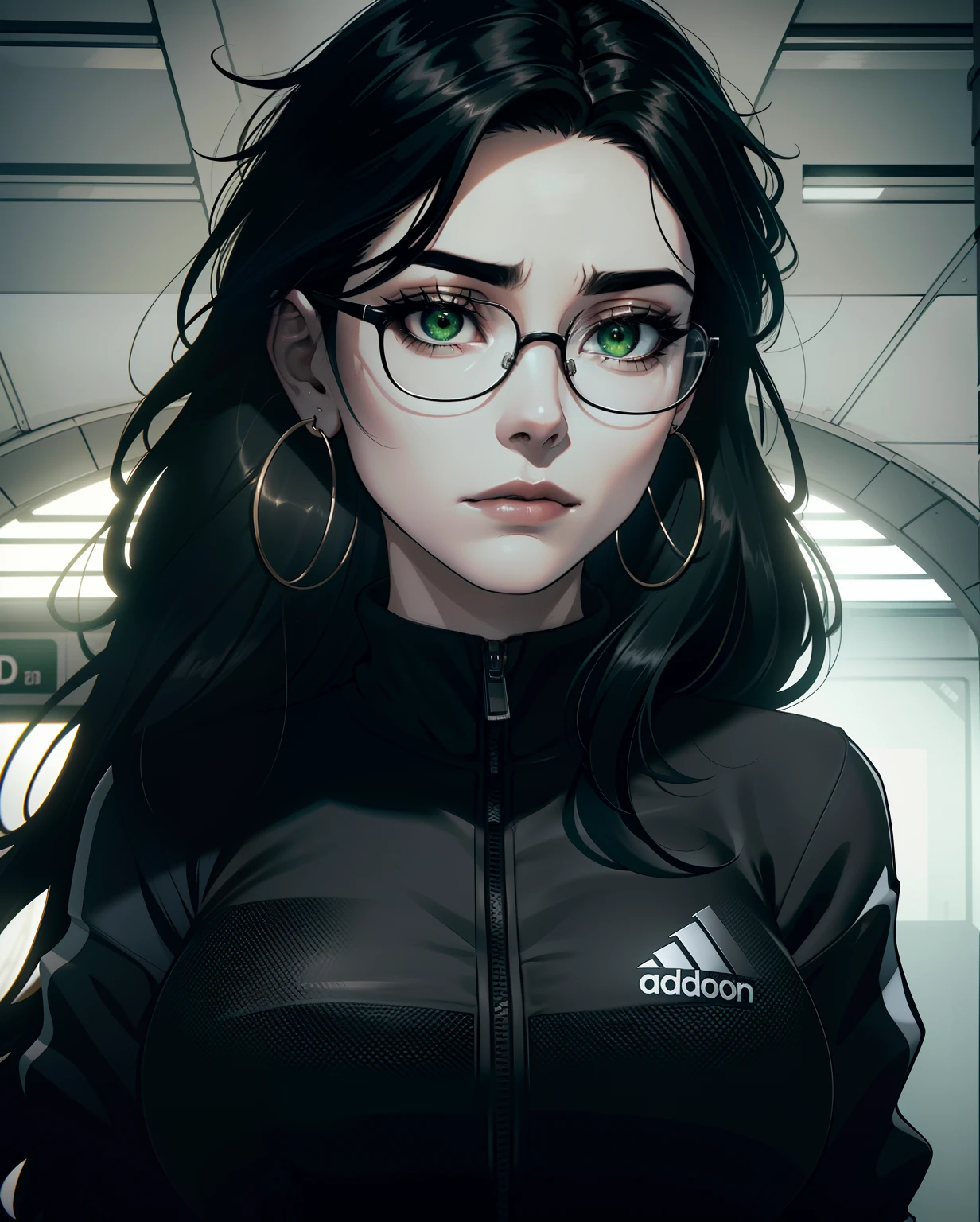 Best quality, volumetric lighting, cool ambient lighting, masterpiece, ultra high res, 4k, (soft round detailed face), (sad expression), detailed green eyes with dark circles, depressed, melancholy, (very pale light skin), (detailed black hair), ((long messy greasy hair)), (wearing rounded glasses), unwashed, unkempt, disheveled, black adidas tracksuit, hoop earrings, London Underground station