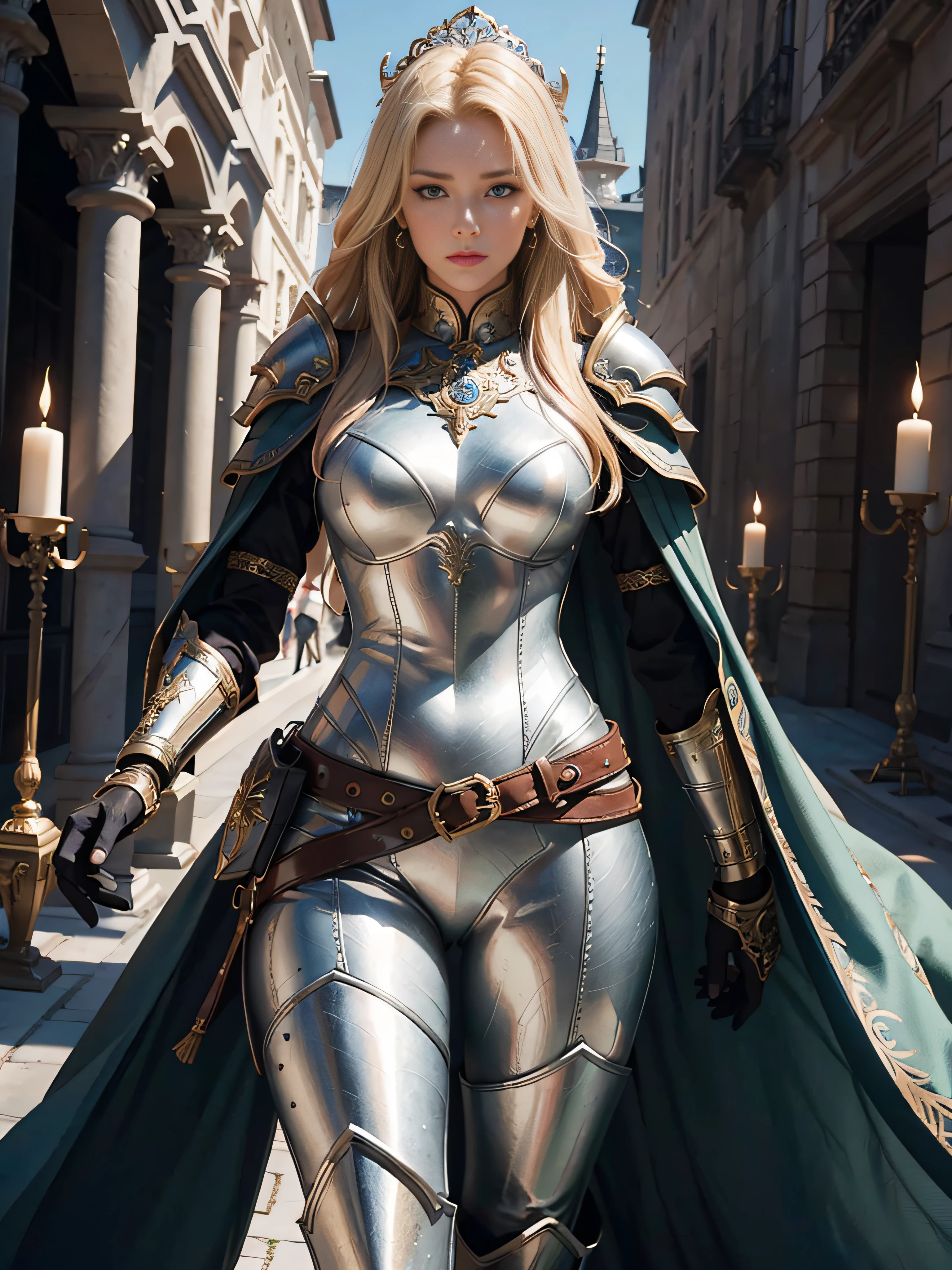 tmasterpiece，A high resolution,Absolutely beautiful，a mature female，European warriors，Fine and detailed eyes and detailed face，Tall and tall，The blonde，She wears armor，Full coverage armor，Armor pants，Armor boots，Show armor iron boots、The armor is rich in color、Exquisite details of the armor、decor，Shogun， allure：（Tall：1.4），haughty，Mature temperament，（Wide buttock：1.4），（Thick thighs：1.4），Majesty，Rich scene detail，In the midst of the war，are standing，action