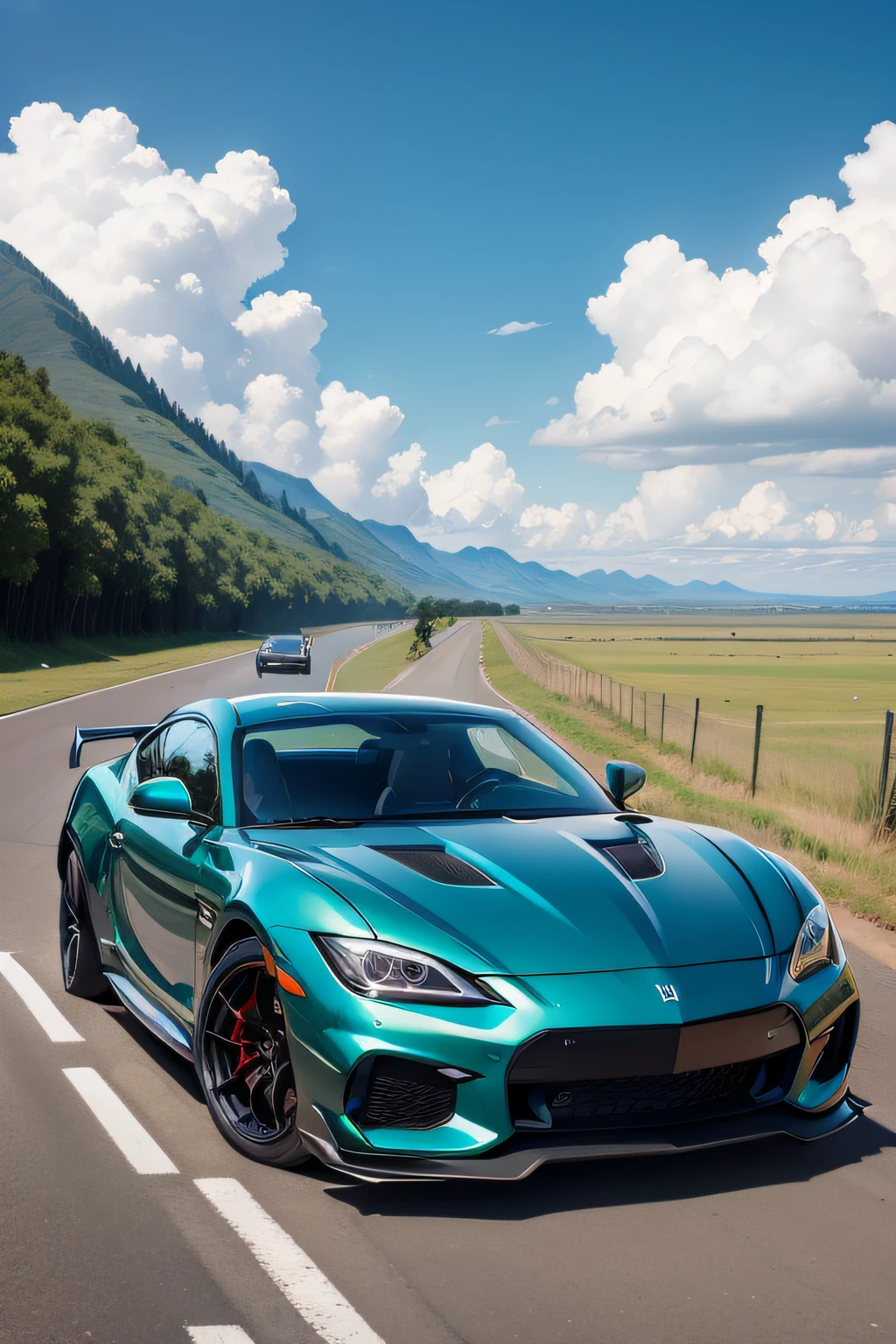 On the Kawazo line,sports cars,with blue sky and white clouds,plateau