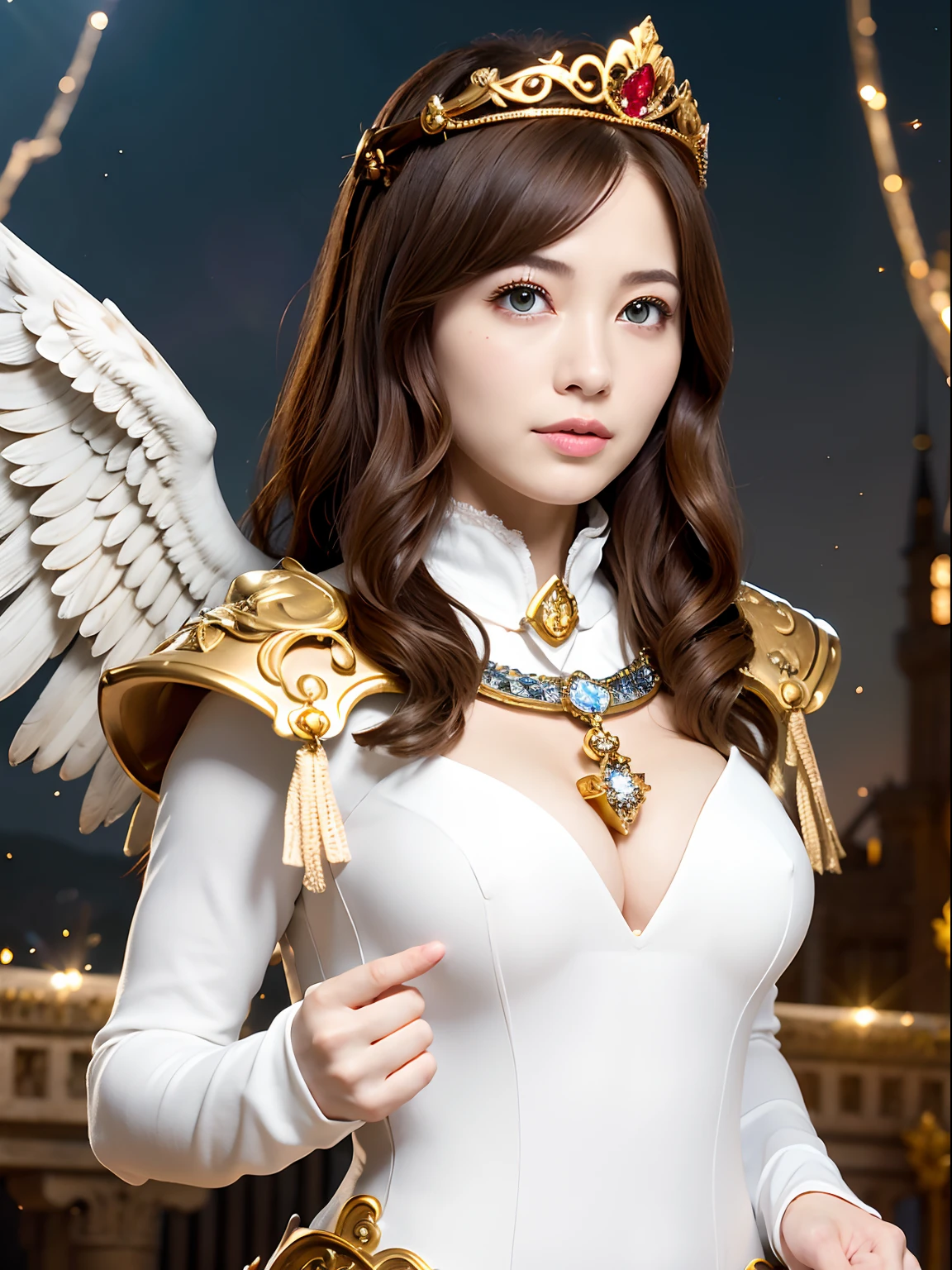 (masutepiece), Professional , masterpiece、top-quality、photos realistic , depth of fields 、(Wind element),tornado,Lightning,(Gemstone Silver Metal Body:1.9),(Matte White、(Gangle's forest background),(Brown hair long straight)、Luminescent particles,light scattering,Tindall Effect、((Jewel Gold Weapon))、(Castle background),Gorgeous metal weapons,(Detailed and realistic angel white wings) , Detailed Sword of the Brave , Beautiful knife 、delicated face、20 years girl ,warhammer 40k , adepta sororitas,Detail and ornate jewel crown、a blond、()、Beautiful Caucasian beauty、1a person、dynamic ungle,(((Detailed and ornate diamond crown)))、Smaller head、A smile、Powerful poses、Beautiful thin fingers of a woman、cleavage of the breast、Particles of light、