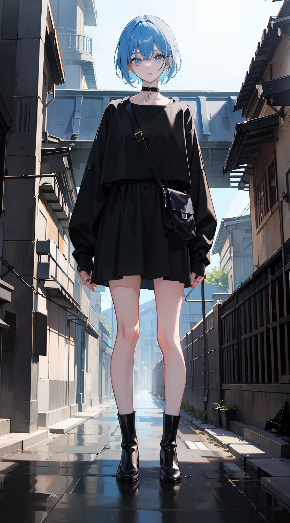 hightquality、masutepiece、Standing picture、1girl with、full body Esbian、Light light blue hair、short-hair、Colored Sunglasses、happy facial expression、Simple black outfit、Very simple clothes、wearing black boots、facing front、simple background、White background、Daylighting from the front、Everything from head to foot、