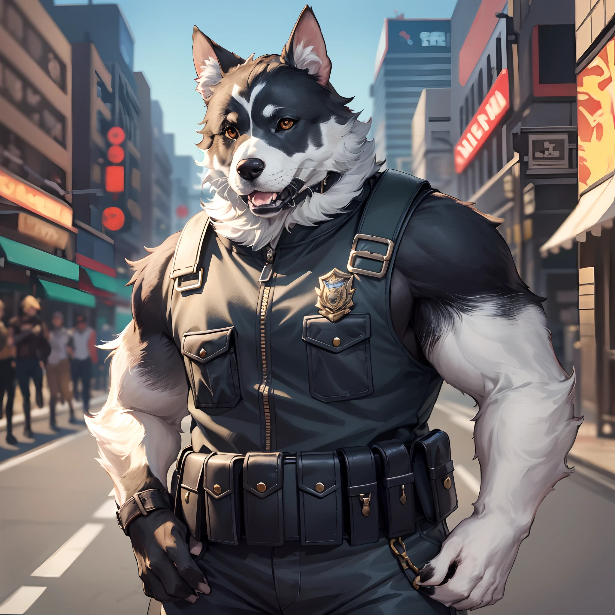 top quality, best quality, super high resolution, detailed background(highly detailed beautiful face and eyes)absurdres, perfect anatomy((angelic nice 1boy, kemono, solo focus, muscle man))(((furry)))(furry anthro:1.7)((((Furry body, dog facial features, dog body features))))((very detailed body fur))full body(dignified)police officer, SWAT, street, muscle, facial hair, volumetric lighting, depth of field, gasping for air, raised crotch, black clothes, ((black police uniform)) shirt, from below,