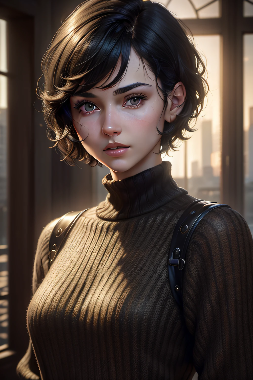 (masterpiece:1.3), (8k, photorealistic, RAW photo, best quality: 1.4), (1girl), beautiful face, (realistic face), (black hair, short hair:1.3), beautiful hairstyle, realistic eyes, beautiful detailed eyes, (realistic skin), beautiful skin, (sweater), absurdres, attractive, ultra high res, ultra realistic, highly detailed, golden ratio