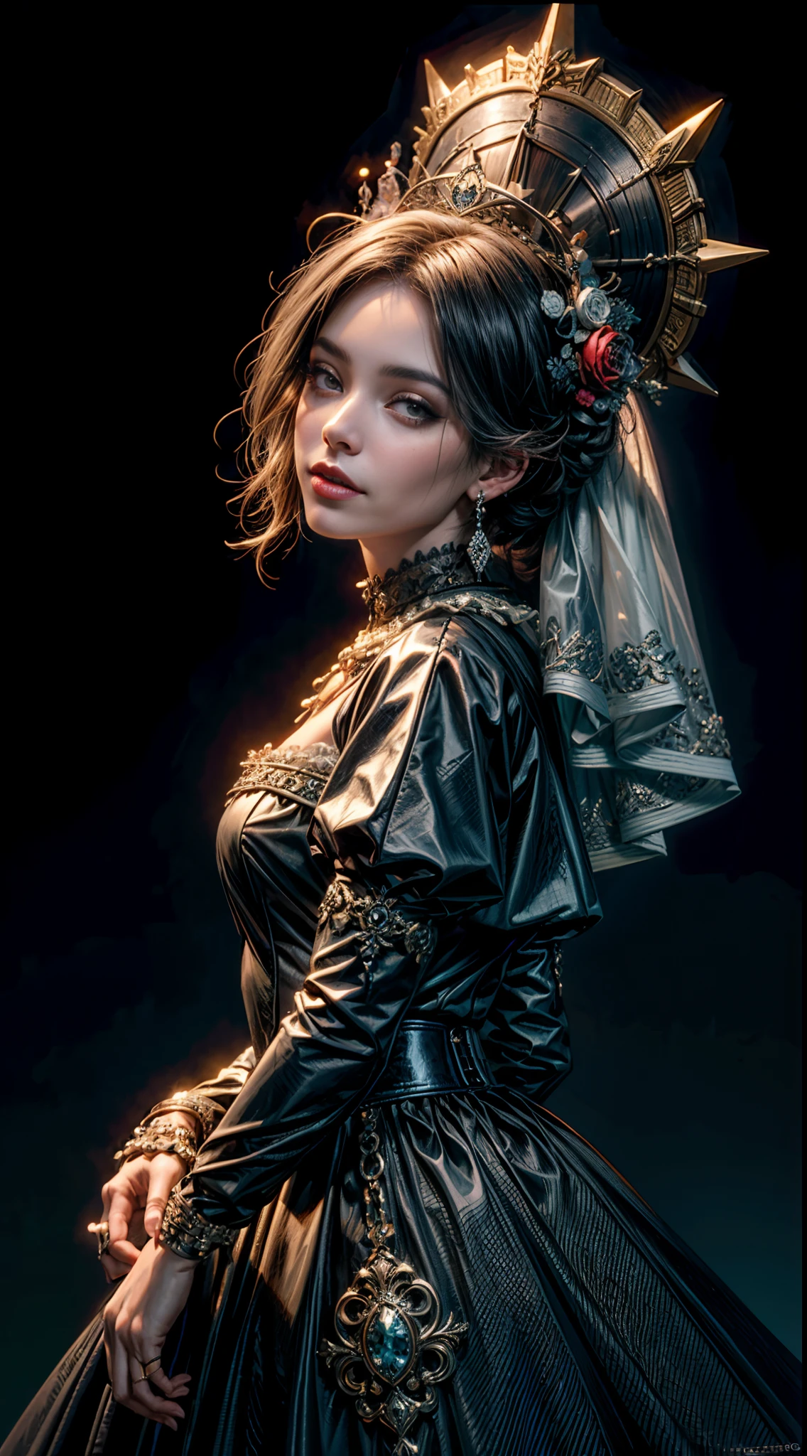 ((retrato de corpo inteiro)), (obra-prima, melhor qualidade, realista: 1.37), (intrincado e delicado, pele e rosto altamente detalhados), (fundo preto), (CatrinaMakeUp), ((colorido)), 1 girl, Beautiful Queen in Suite Black Dress, envolvendo em luxuosos vestes escuras com capuz, Dark roses and skull adorn her cloth, (a large golden Halo over his head), (tiara, rosas, ornamental skull, preto, escuro), olhos azuis, rosas grandes simetricamente colocadas em ambos os lados, (simbolismo religioso), (inspirado em Santa Maria, Rainha das Caveiras, La Catrina, e Rainha dos Mortos, Lavi Zupa), ((virgem maria, rainha esqueleto de santo, La Catrina)), ( Foto realismo), fundo escuro, cinematic soft lighting, alto contraste, tema escuro, papel de parede GC 8k, Trending on artstation, octane render, unreal engine, volumetrics dtx, arte digital premiada, tinta, arte oficial.