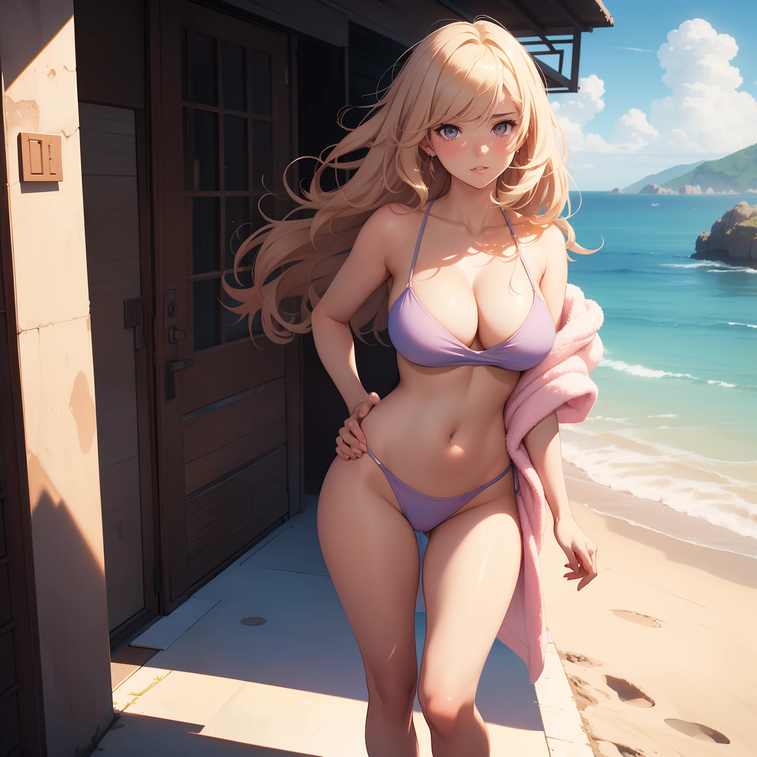 (masterpiece, best quality, 4k, photorealistic), ((wide shot, full body)), ((front view)), expressive eyes, perfect face, nice hands, 1 girl, large cleavage, long round legs, curvaceous body, booty, the model stands by the shore, ((holding the corner of the soft pastel pink towel against her hip)), her hair, a beautiful blonde shade, is styled with loose beach waves, giving a carefree and beachy look, extremely detailed Artgem, IG model, alena aenami and artgem, krenz cushart and artgem, artgem and atey ghailan