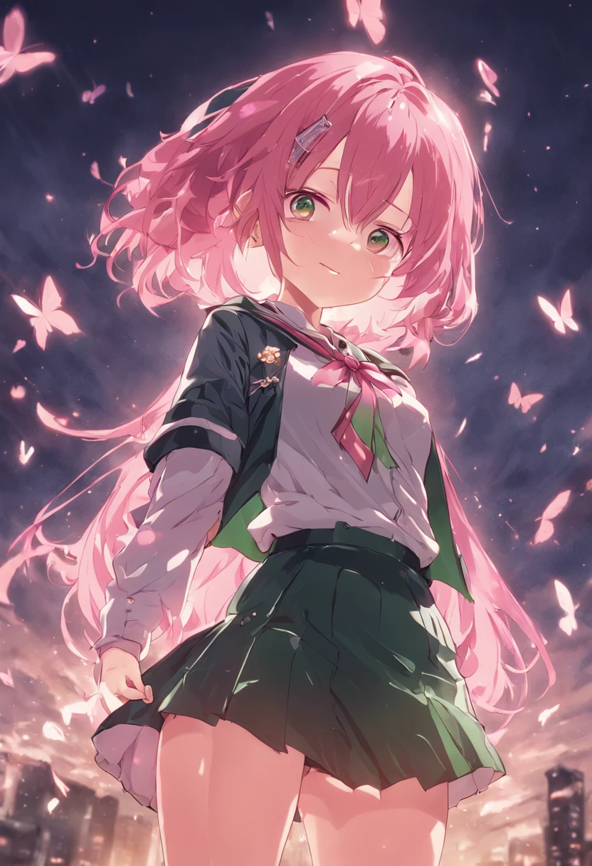 2d, masterpiece, best quality, anime, highly detailed, 1girl, solo, cowboy shot, nakano nino, pink hair, butterfly hair ornament, black cardigan, collared shirt, green skirt, miniskirt, medium breasts, standing, school, outdoors, smile