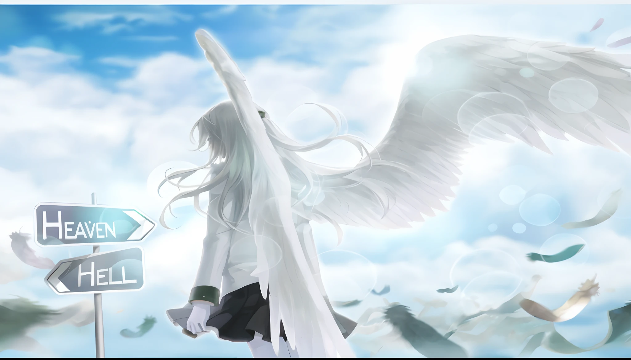 Anime angel with white hair and white wings standing next to street signs, White wings,, anime beautiful peace scene, ethereal anime, big white glowing wings, hd anime wallpaper, silver wings, anime wallpaper, Epic angel wings, anime hd wallpaper, daytime ethereal anime, Angelic, of an beautiful angel girl, angel knight girl