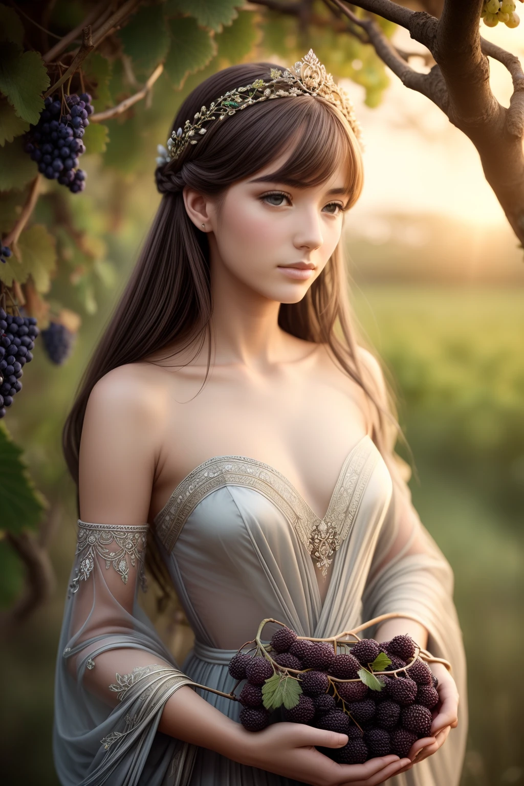Sad Princess ,((holding a bunch of grapes in his hand)),Very beautiful and bright face,intricate details in clothing and jewelry ,(Small delicate crown),Overgrown wild garden in the background,vine,Ayami Kojima style, makoto sinkai, Tom Bagshaw, Andrey Atroshenko, Beksinski & HR Giger & gustave dore & Alex Alemany, Влияние nests Formentera, anatomically accurate, ambient, Focused, crisp quality, Cinematic fluidity, Cinematic lighting, ultra-realistic, sharp-focus