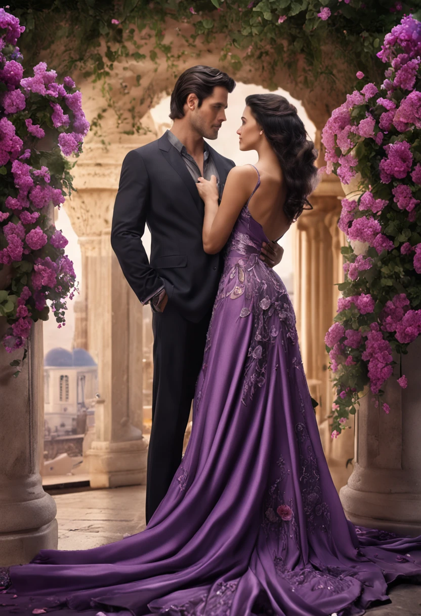 man and woman, stand near a column of flowers, Romantic pose, beautiful purple long dress, Flowing fabric, Luxurious dress with embroidery, Handsome man with high cheekbones and gray eyes, Woman with black hair, Column with flowers, Paparotnik, Magali Villeneuve, romance novel cover, romanticism