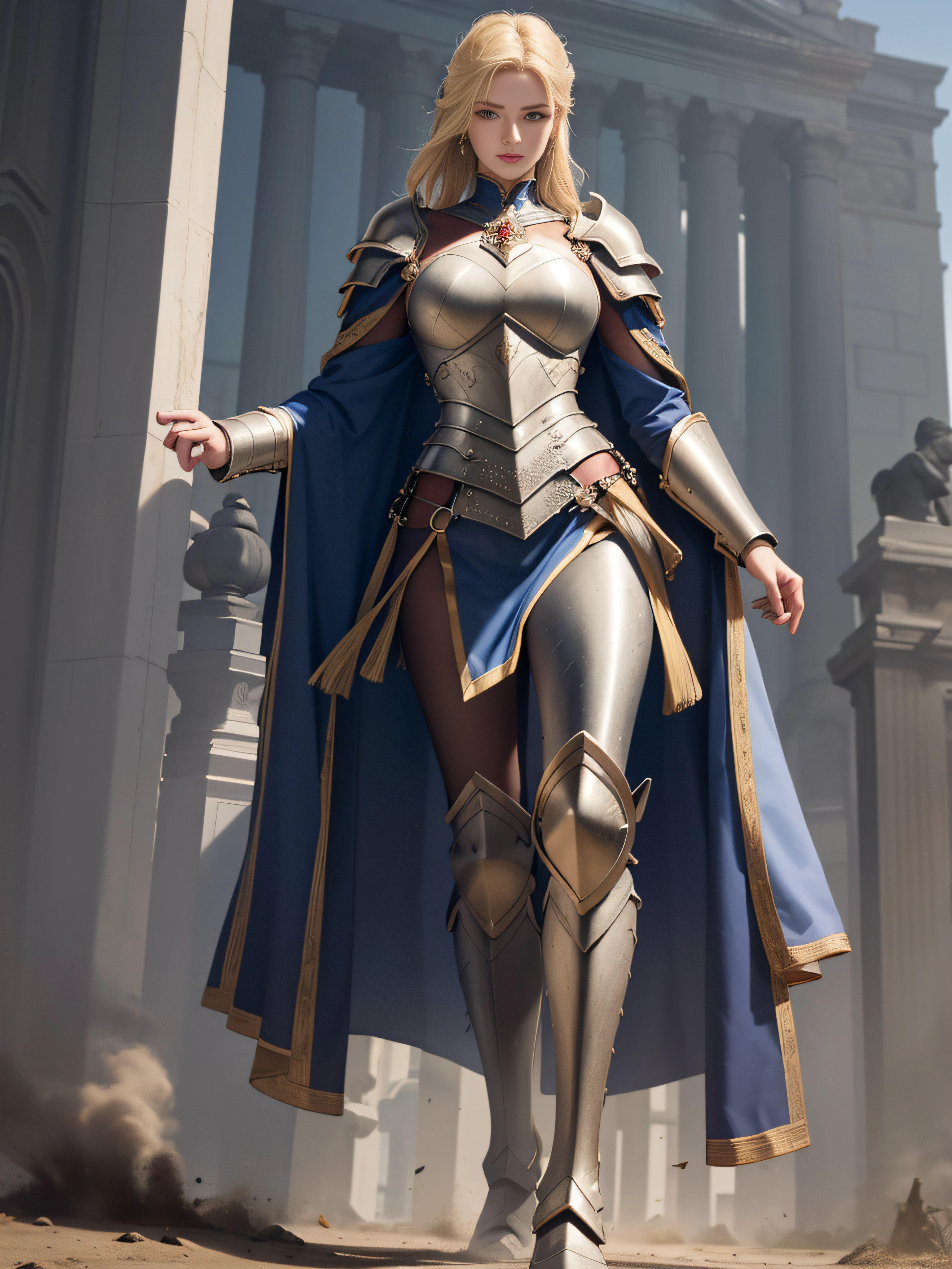 tmasterpiece,A high resolution,Absolutely beautiful,a mature female,European warriors,Fine and detailed eyes and detailed face,Tall and tall,The blonde,She wears armor,Full coverage armor,Armor pants,Armor boots,Show armor iron boots、The armor is rich in color、Exquisite details of the armor、decor,Shogun, allure:(Tall:1.4),haughty,Mature temperament,(Wide buttock:1.4),(Thick thighs:1.4),Majesty,Rich scene detail,In the midst of the war,are standing,action