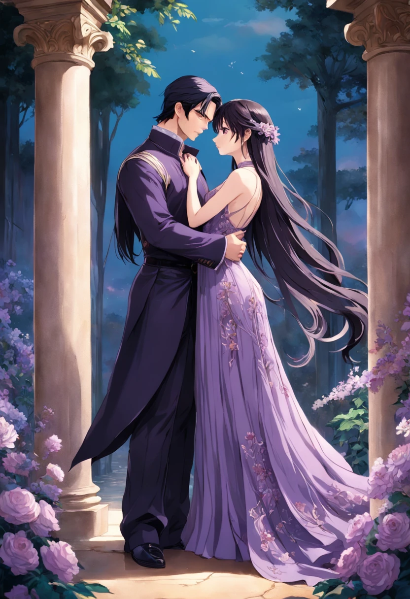 man and woman, stand near a column of flowers, Romantic pose, beautiful purple long dress, Flowing fabric, Luxurious dress with embroidery, Handsome man with high cheekbones and gray eyes, Woman with black hair, Column with flowers, Paparotnik, Magali Villeneuve, romance novel cover, romanticism