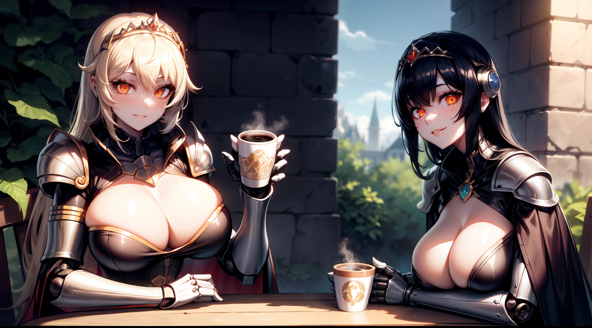 1girl,solo, robot girl, humanoid robot,robot joints, orange eyes,long hair, (colored skin),huge breasts,tiara, jewelry, armored dress,gold trim, sleeveles,cape,castle in background, (outdoors),garden,sitting,on throne,(coffee cup in hand),table,looking at viewer, light smile,close-up,upper body,