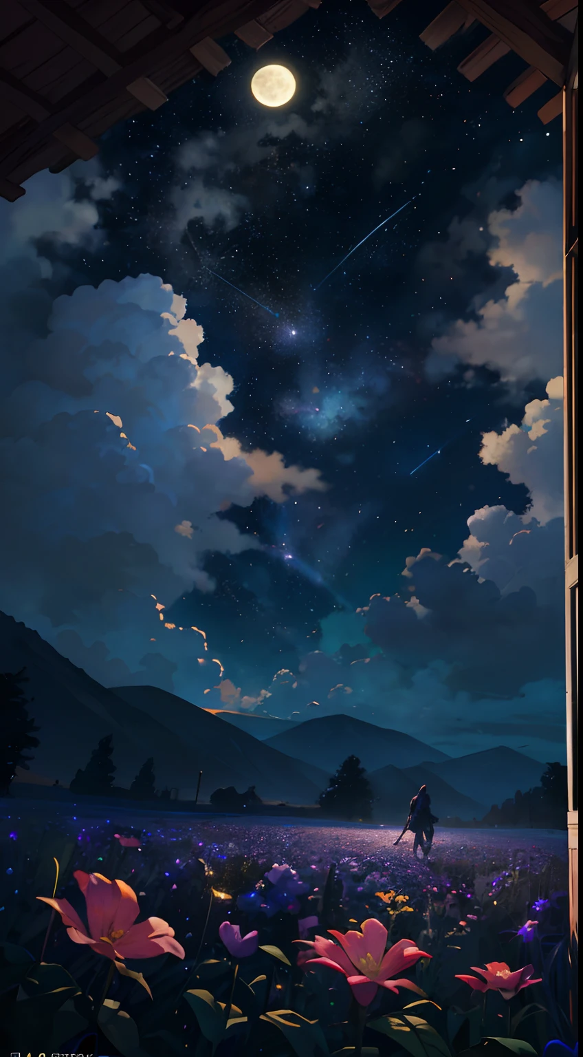 Vast landscape photo, (viewed from below, the sky is above and the open field is below), a girl standing on a flower field looking up, (full moon: 1.2), (meteor: 0.9), (nebula: 1.3), distant mountains , Trees BREAK Crafting Art, (Warm Light: 1.2), (Fireflies: 1.2), Lights, Lots of Purple and Orange, Intricate Details, Volumetric Lighting, Realism BREAK (Masterpiece: 1.2), (Best Quality), 4k, Ultra-Detailed, (Dynamic Composition: 1.4), Very Detailed, Colorful Details, (Rainbow Colors: 1.2), (Glow Lighting, Atmospheric Lighting), Dreamy, Magical, (Solo: 1.2)
