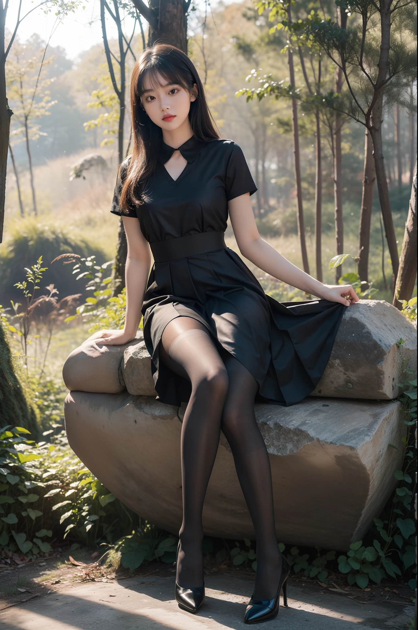 (full body:1.5),(1girl:1.3),(view the viewer:1.4),(anatomy correct:1.3),(sitting in the forest:1.2),(Wearing a school Style Dress:1.2),(Opaque pantyhose:1.3),( girl pointed thick heels :1.1),(Accurate and perfect face:1.3),(Long legs:1.3),hyper HD, Ray traching, reflective light, structurally correct, Award-Awarded, high detail, lighten shade contrast, Face lighting ,cinematic lighting, masterpiece, super detailing, high quality, high detail, best quality, 16k,High contrast,
