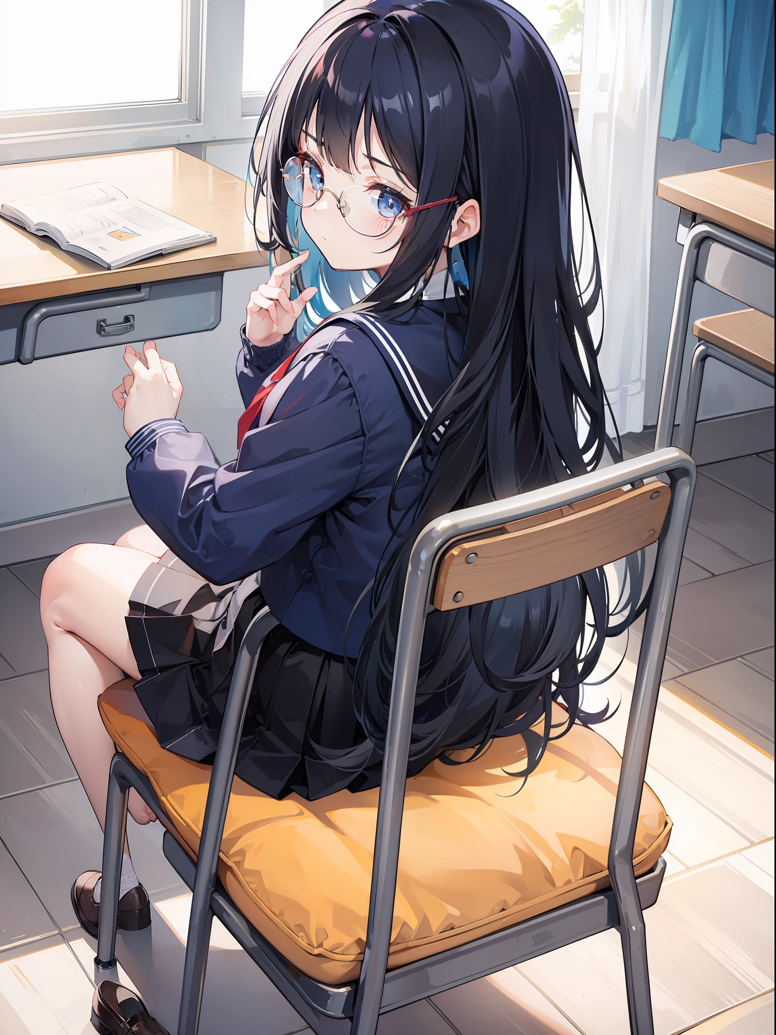 1girl, Back view, skirt, sit on chair, small chair, navy hair, long curvy hair, big round glasses, pretty, no expression, flat expression, limp face, school chair