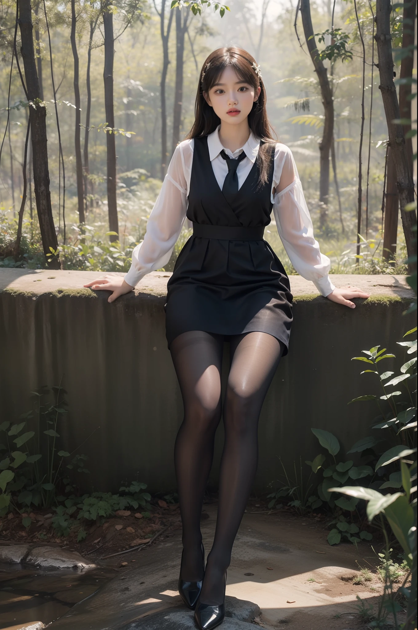 (full body:1.5),(1girl:1.3),(view the viewer:1.4),(anatomy correct:1.3),(sitting in the forest:1.2),(Wearing a school Style Dress:1.2),(Opaque pantyhose:1.3),( girl pointed thick heels :1.1),(Accurate and perfect face:1.3),(Long legs:1.3),hyper HD, Ray traching, reflective light, structurally correct, Award-Awarded, high detail, lighten shade contrast, Face lighting ,cinematic lighting, masterpiece, super detailing, high quality, high detail, best quality, 16k,High contrast,